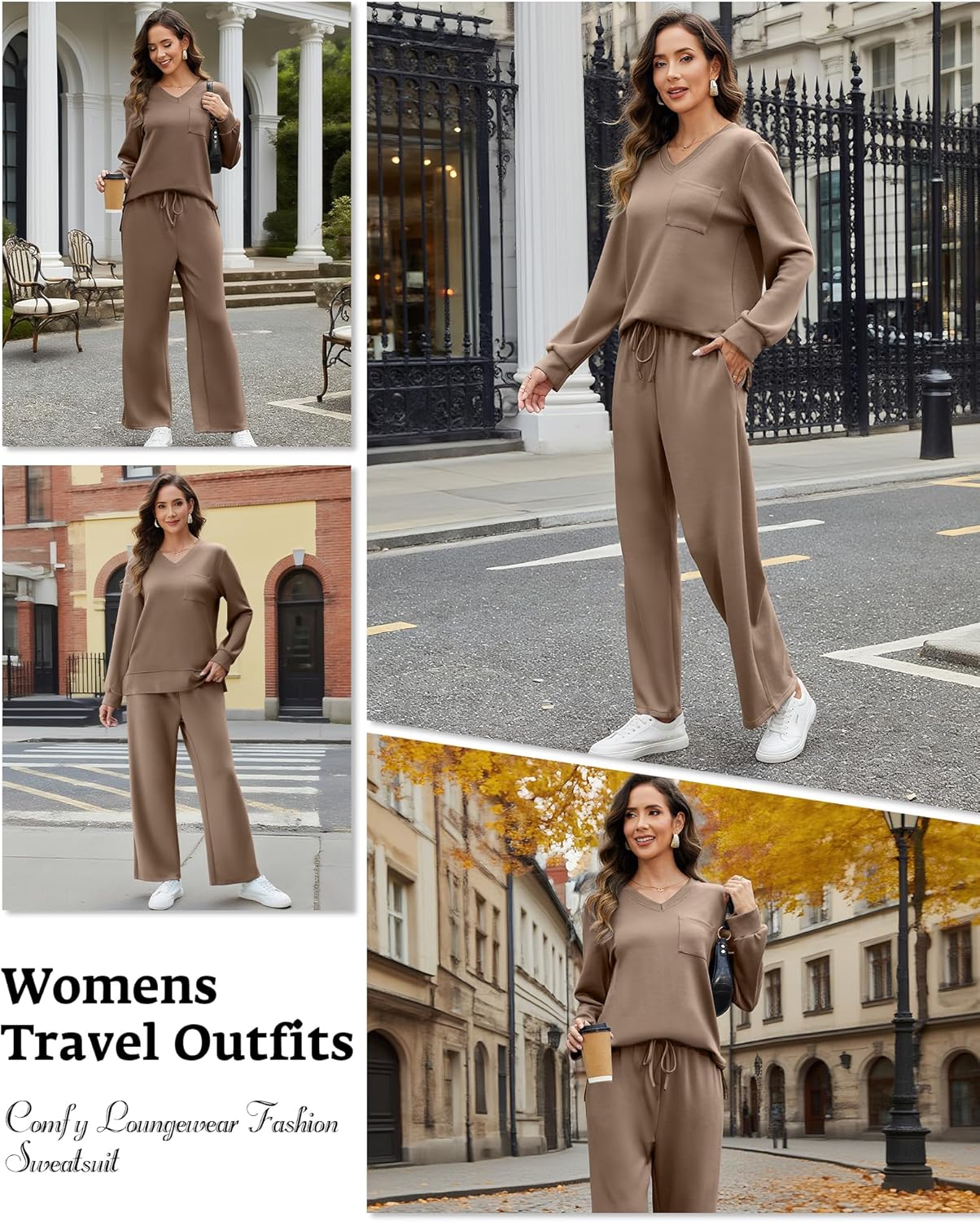 Women's 2 Piece Casual Lounge Sets Fall Travel Outfits V Neck Side Slit Tracksuit Wide Leg Loungewear Sweatsuit - Image 6