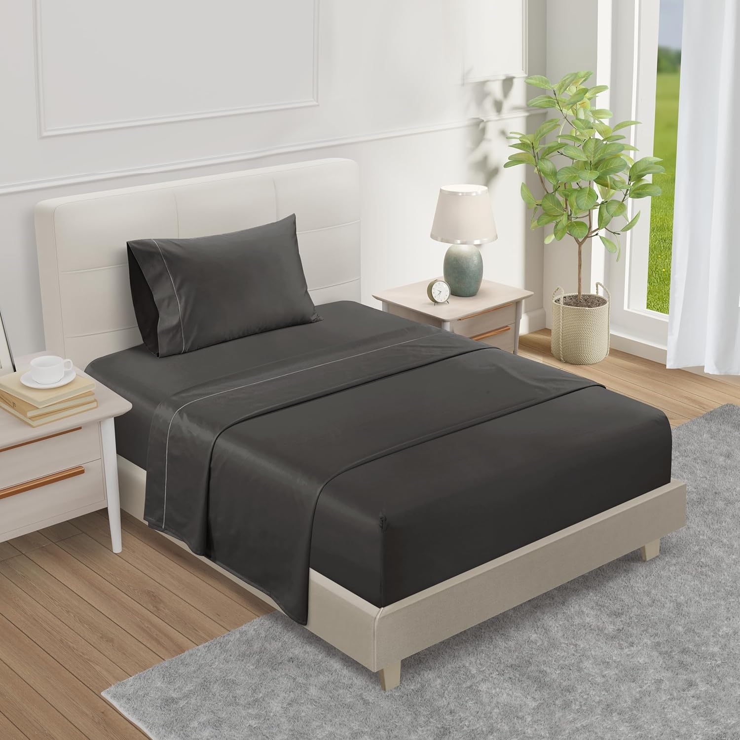 1000 Thread Count Extra Deep Pocket Fitted Sheet, Flat Sheet And Pillowcases ,Oeko Tex Certified 100% Cotton Sheets Twin Xl Size, Grey Bed Sheets, 3 Piece Sateen Weave Cotton Sheet Set-Charcoal