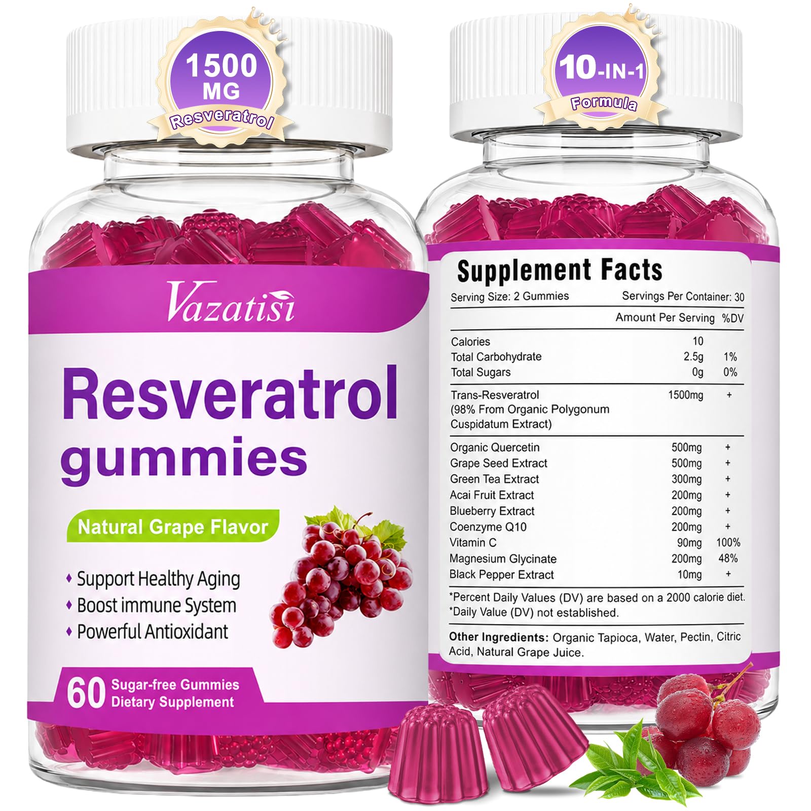 High Purity Resveratrol Gummies, 98% Trans-Resveratrol with Quercetin, Coq 10, Vitamin C, Reservatrol Supplement for Antioxidant, Anti-Aging, 120 Gummies 60 Count (Pack of 2)