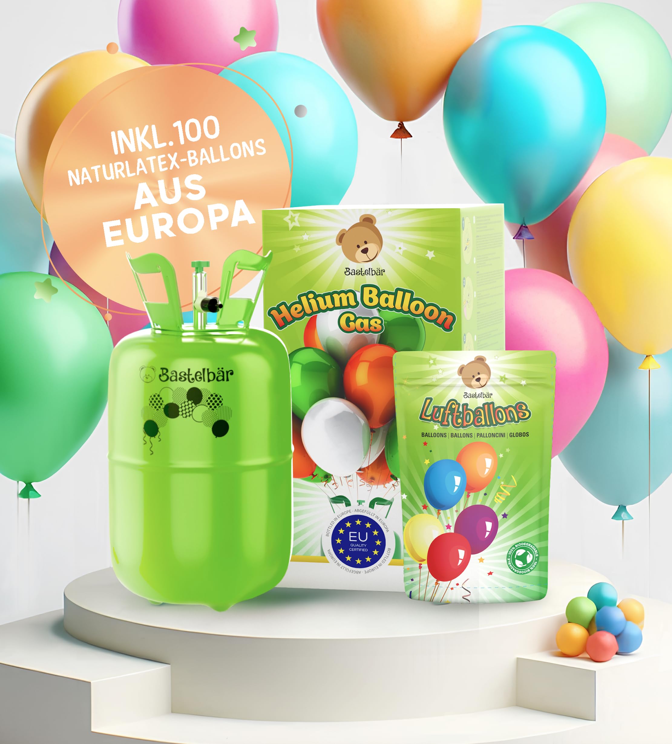 Bombona de gas de helio + 100 globos ecológicos • Gas para globos de 420 l garantizado para aprox. 50 globos • Fácil manejo • Made in EU • Globo de helio Premium • Helio para globos