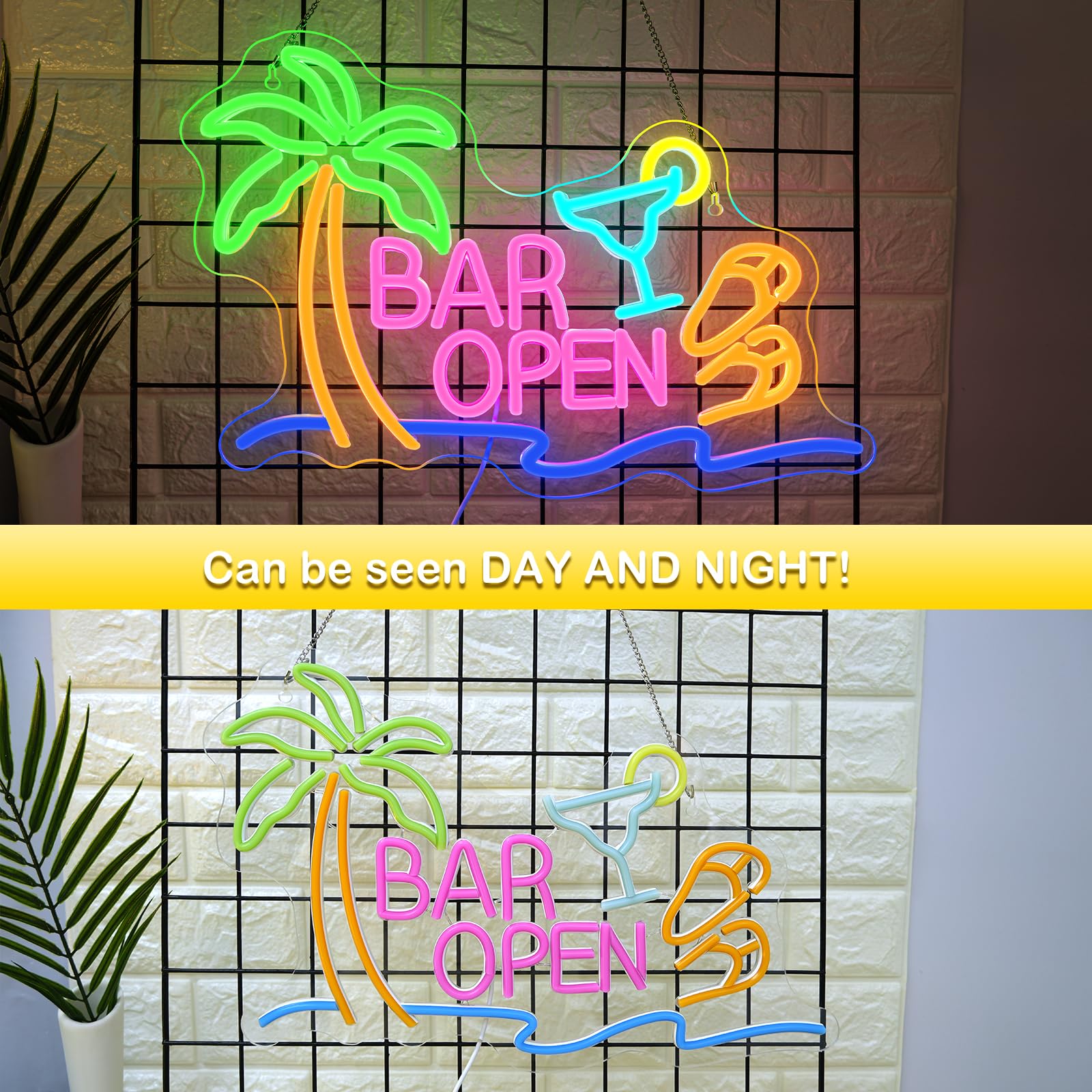 ineonlife Bar Open Neon Led, Palma Abierta Luces Neon,Bar de Cócteles Abierto Letrero Led,Letrero Luminoso para Hawai Bars,Bars de Cócteles,Pub,Club,Taberna de playa