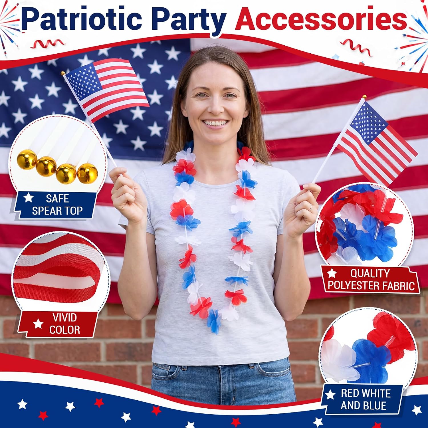 100 Pcs 250th Anniversary Patriotic Party Accessories 4th of July Red White and Blue Flower Leis and Small American Flags on Stick Independence Day Memorial Day Patriotic Parade Supplies
