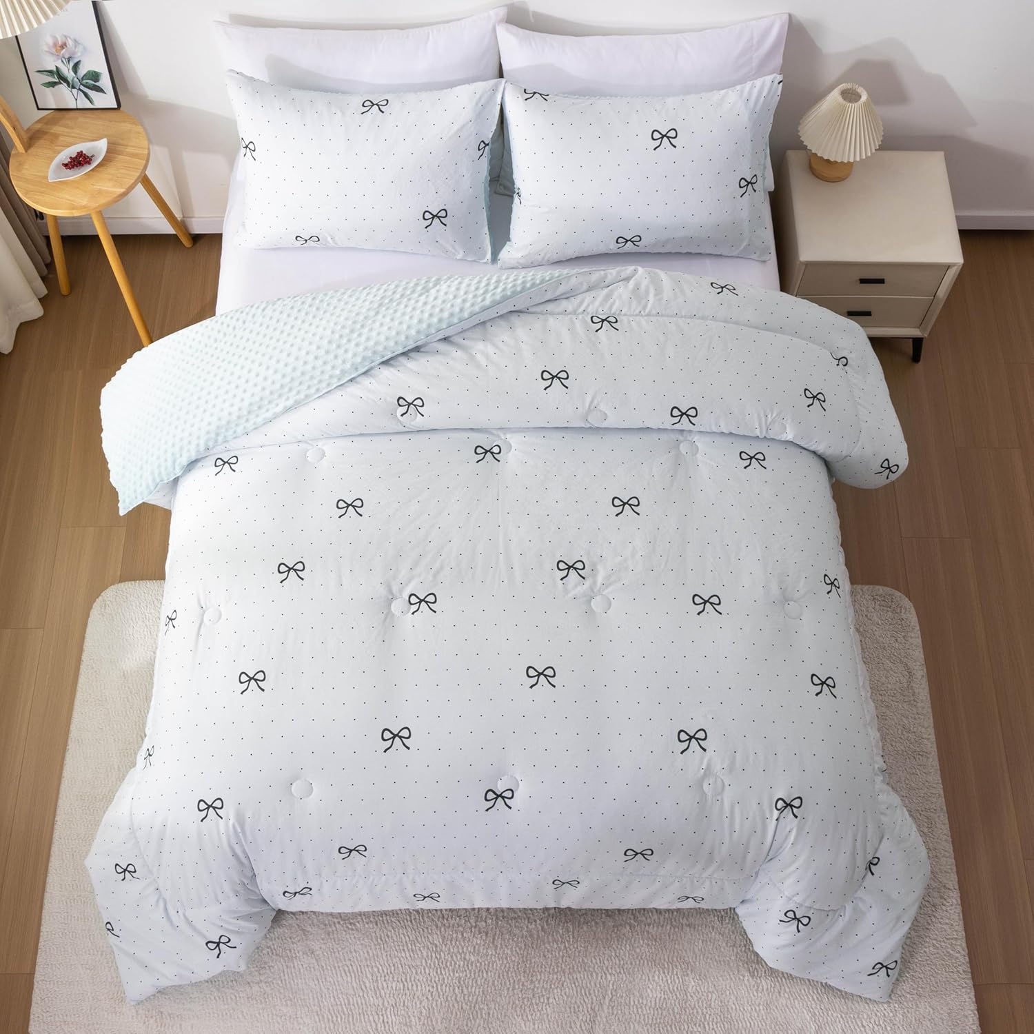 Btargot 3 Piece Blue Bow Tie Comforter Set for Girls Boys Kids, Polka Dot Bowknot Bean Fannel Bedding Set, Queen Size
