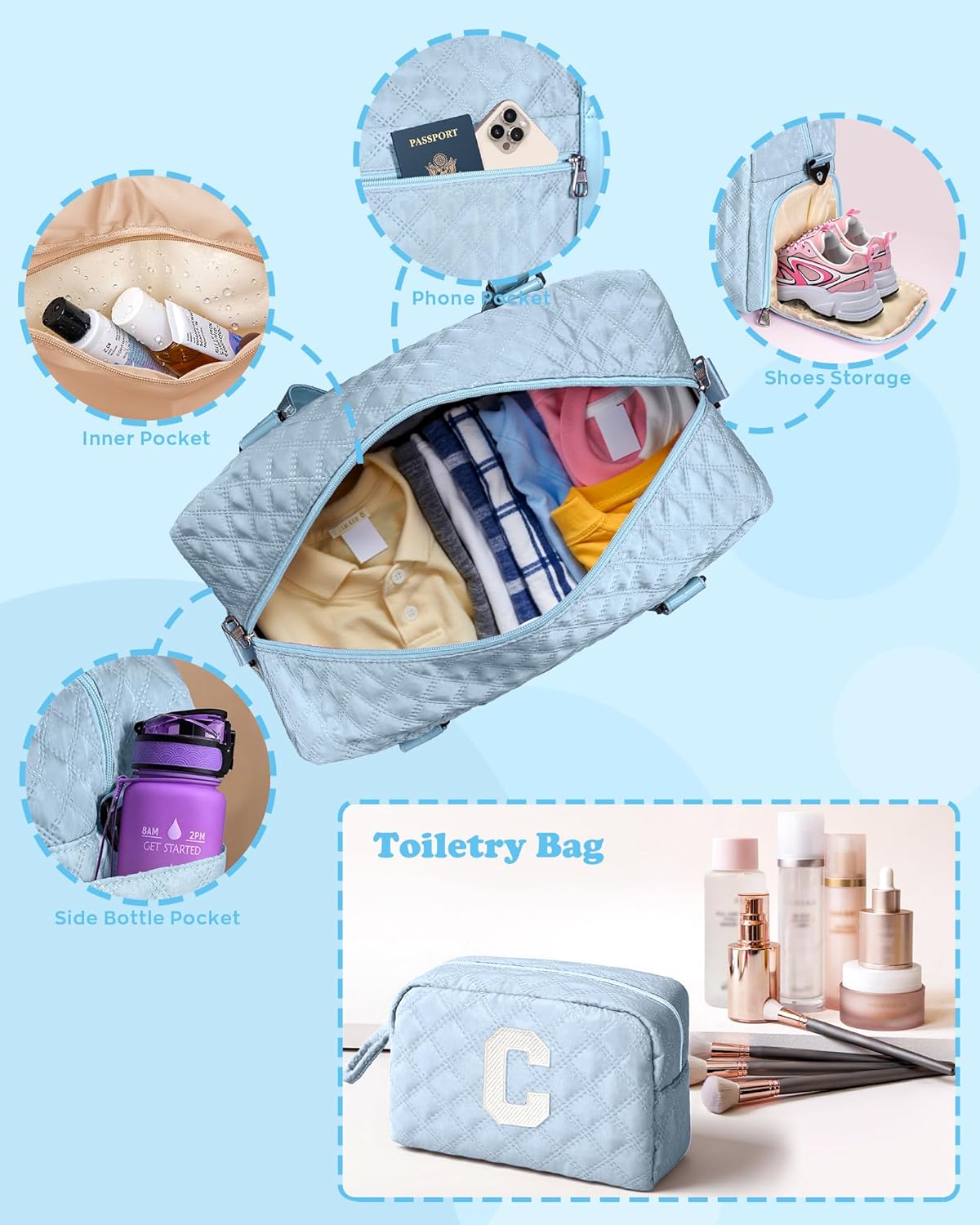 Initial Travel Duffle Bag Women Girls Gift: Personalized Weekender bags, Dance Cheer bag Sports for Girl, Kid Gymnastics Bags, Birthday Gifts for Women Girls Kids Teens Mom Teacher - Image 4