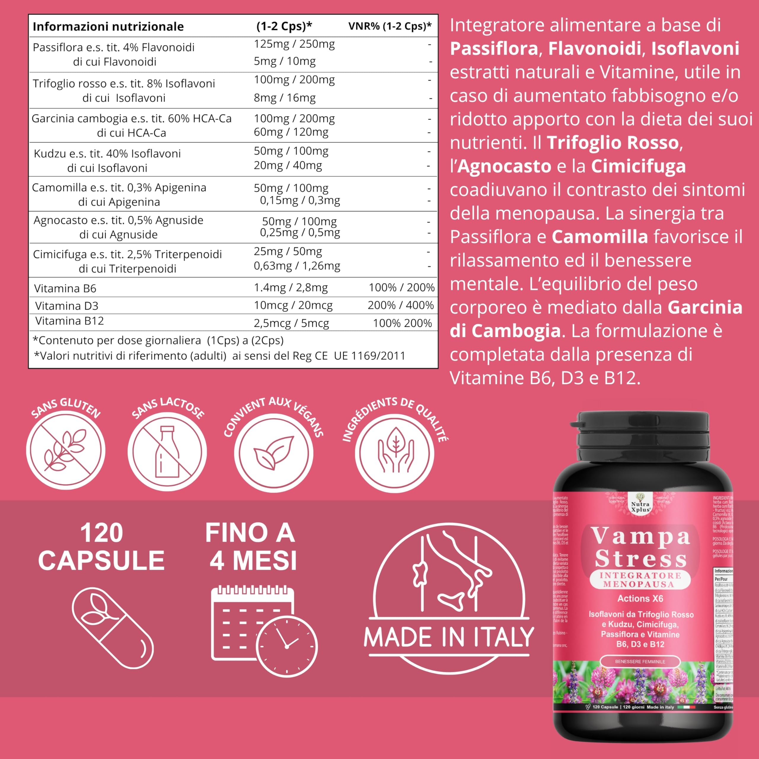 Vampa Stress Menopausa Integratori (120cps 4MESI) con Isoflavoni Trifoglio Rosso forte, Cimicifuga Kudzu, Vitamina D3, B6, B12 controlla Vampate di Calore, Sbalzi d’Umore, Nutra Xplus