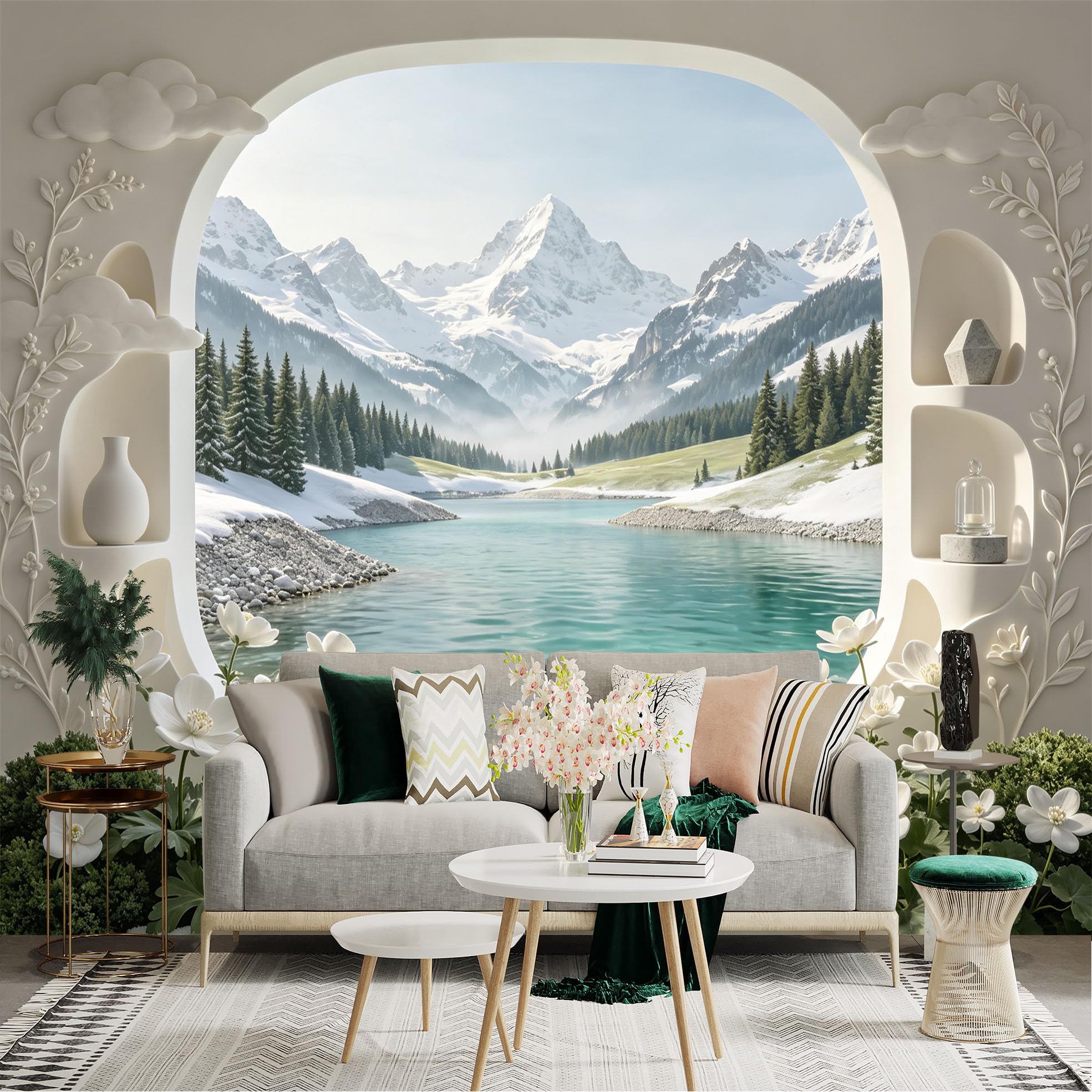 Lnzczhyre Bh260719066 Custom Size Wall Sticker Mural， Snowy Mountain Peaks， Tranquil Alpine Lake， White Floral Window View， For Wall Decoration， Peelandstick Wall Decals.