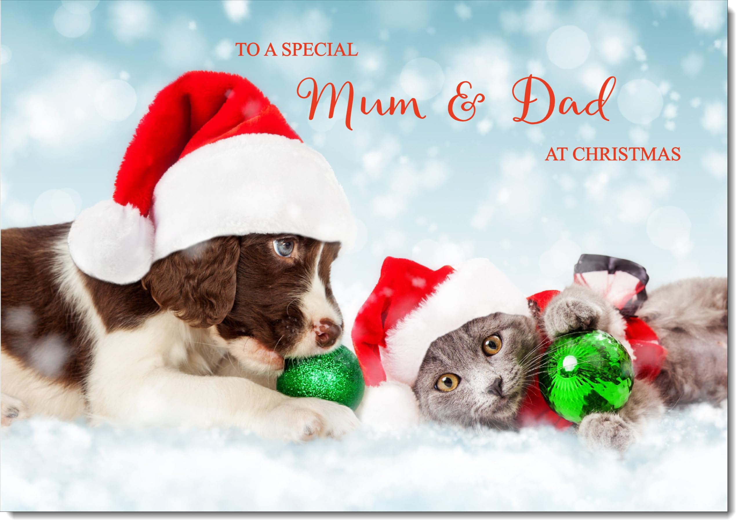 doodlecards Mum and Dad Christmas Card Puppy and Kitten with Santa Hats Large A4 Size Christmas Card for Mum & Dad with Plain Envelope — image 1