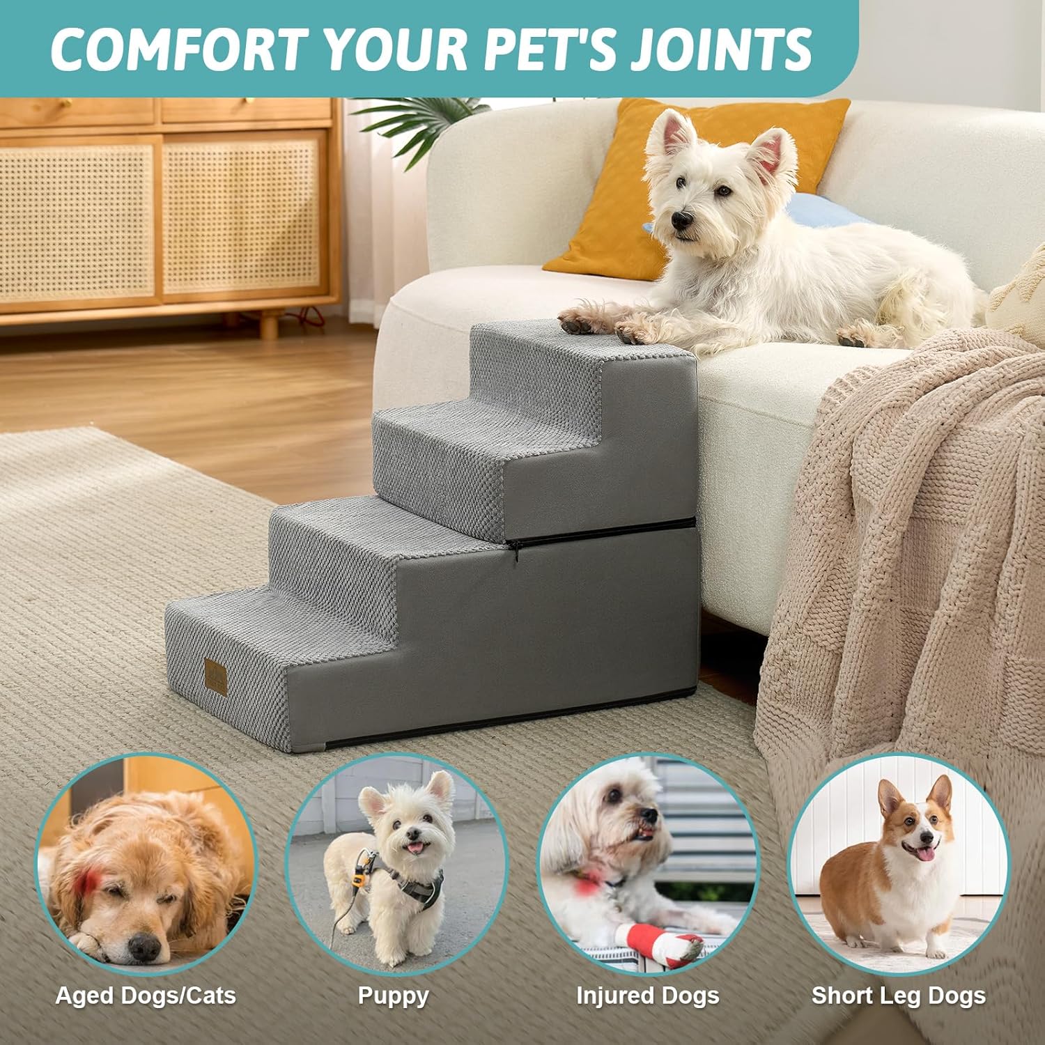 COZY KISS Dog Stairs for Small Dogs, 4 Tier Removable Pet Stairs for Couch and Bed, 17.7" H Dog Steps for Old Cats, Puppy, Small Dogs, 15.7x23.6x17.7 inch, Gray