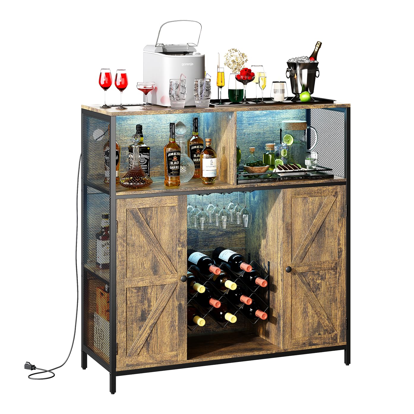 Cave à vin avec prise de charge, armoire de bar vintage avec lumière LED, armoire de cuisine et buffet avec étagère à vin en métal, 6 compartiments, 108 x 39 x 111 cm (marron rustique)