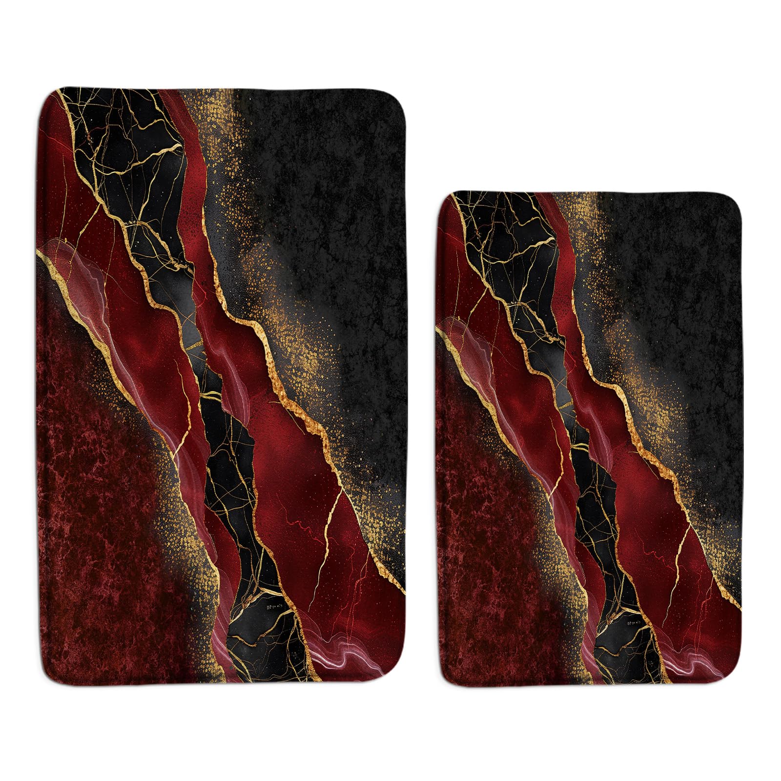 ZKJSMGS Red Marble Bath Mat Abstract Burgundy Maroon Marble Gold Veins Texture Crack Ink Luxury Geomerric Creative Bath Rugs for Bathroom Kitchen,17.8x29.5+16x48 Inch