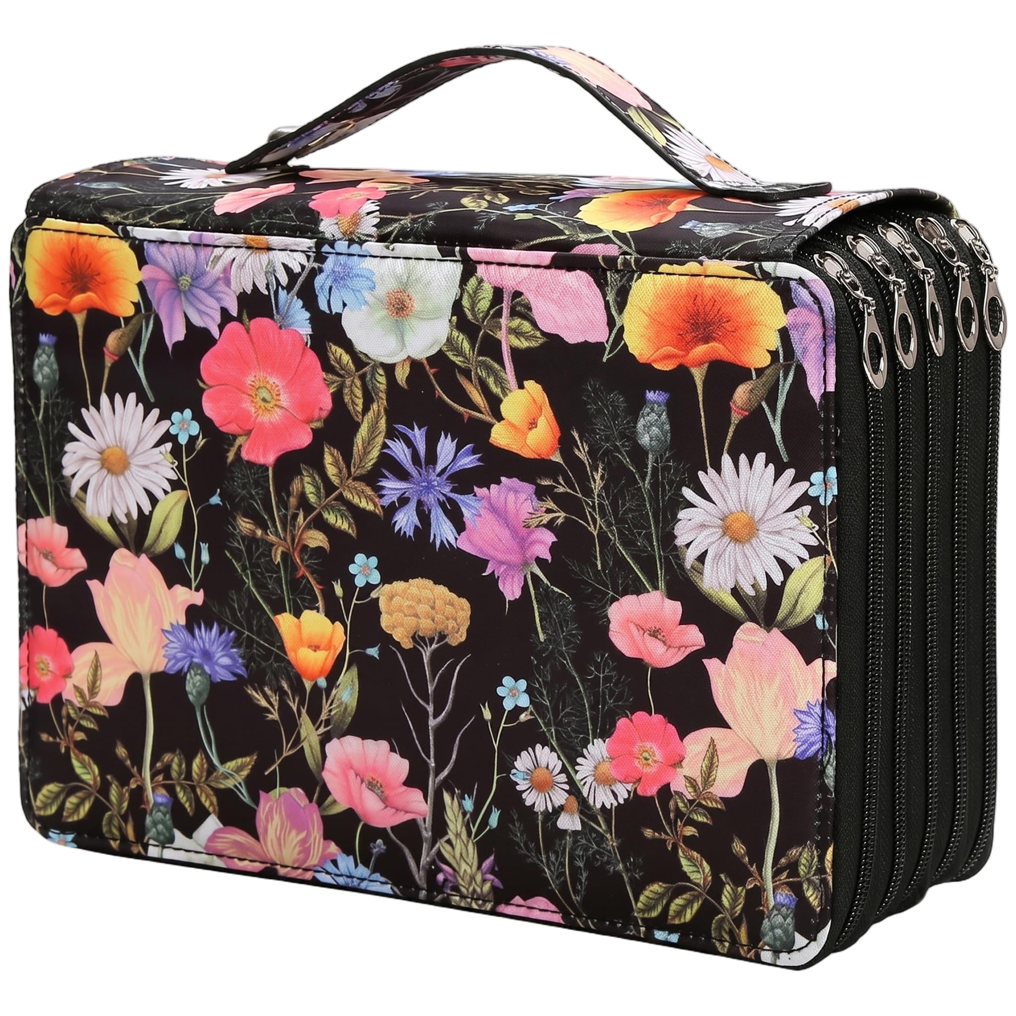 Faroby Colored Pencil Case, 5-Layer Zipper Color Pencil Organizer, 252 Slots Floral Bag Pouch, Black