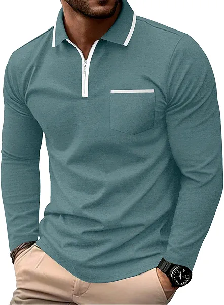 Askdeer Men's Polo Shirts Zip Long Sleeve Classic T-Shirts Casual Golf Shirts Stylish Collared Tee