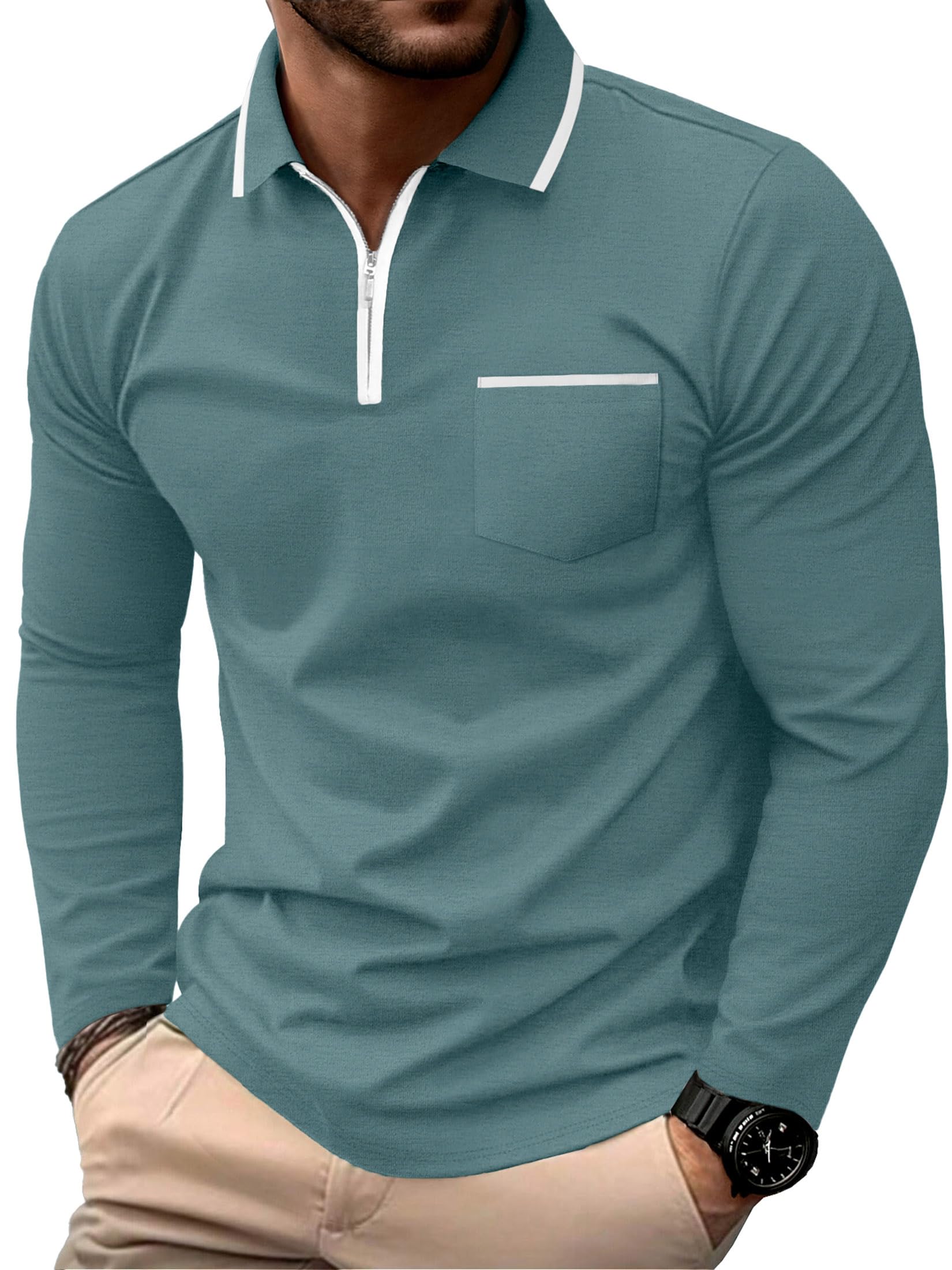Men's Polo Shirts Zip Long Sleeve Classic T-Shirts Casual Golf Shirts Stylish Collared Tee