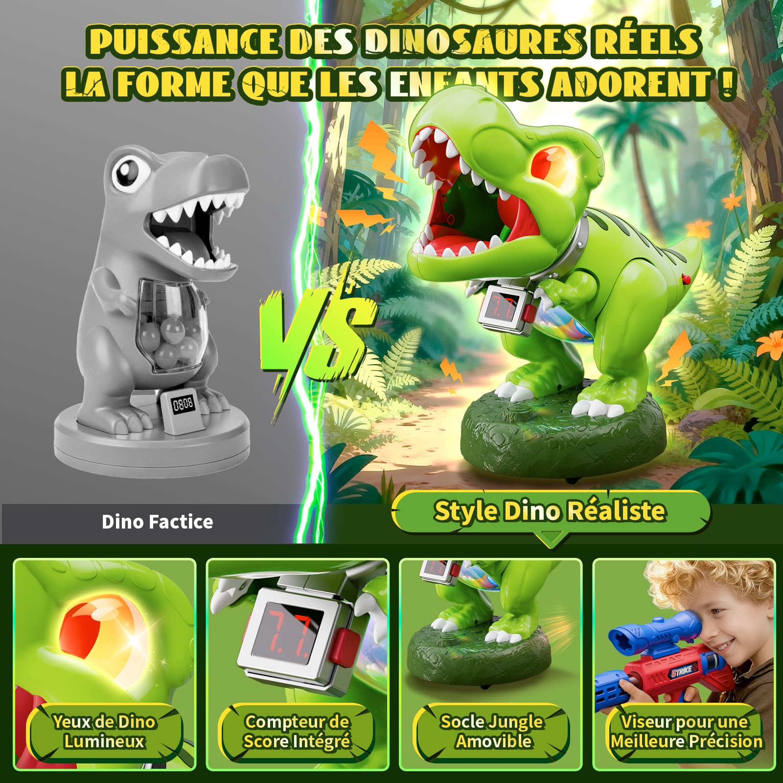 Jouet de tir de Dinosaure Enfant Mobile! Jeux Garcon 3-10 Ans, 2 Pistolets à Pompe à Air avec Lunette, Balles, Score LED, Rugissant, Yeux Ventre Brillants, Noël Cadeau garçon 3 4 5 6 7 8 9 10 11 Ans