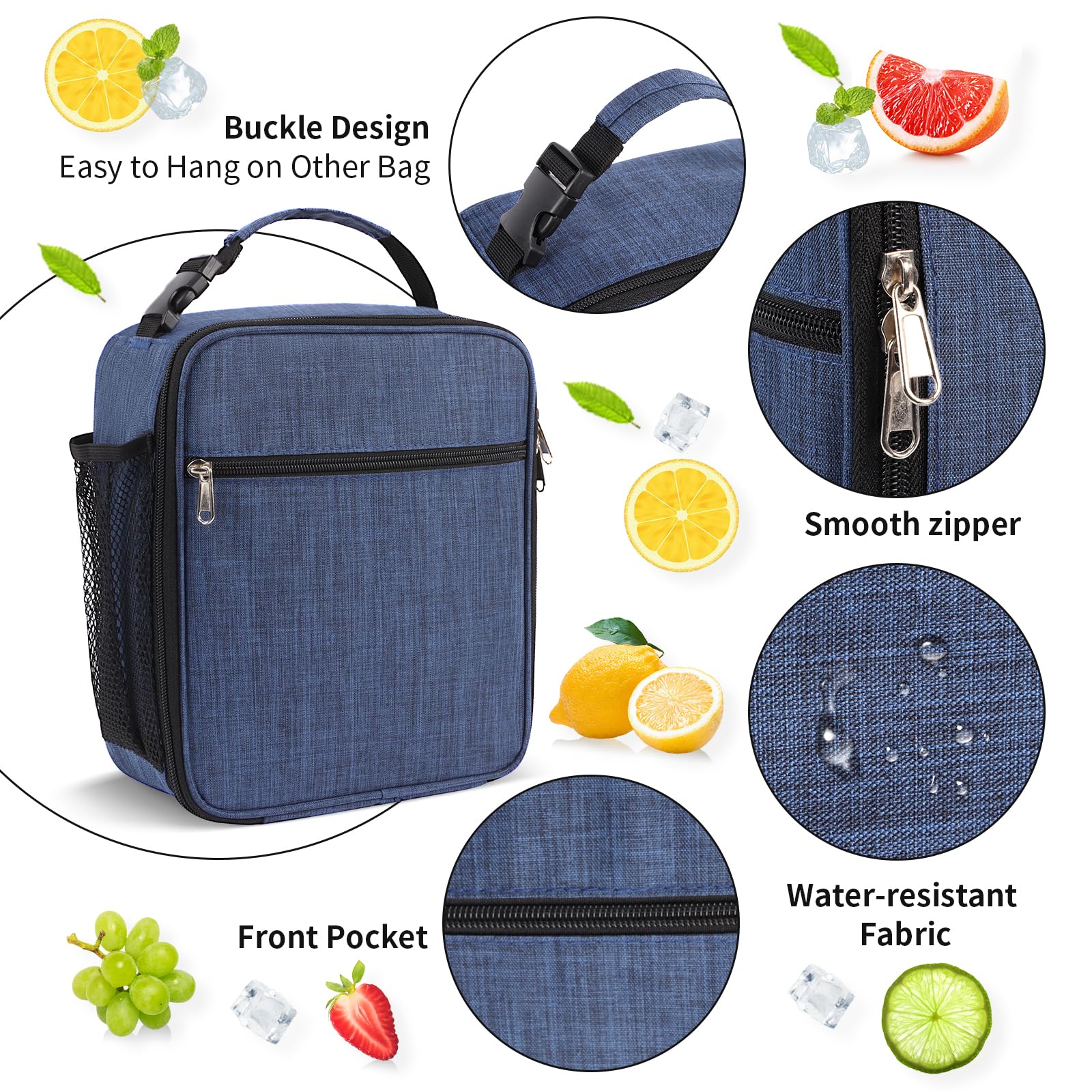 Minicoco Lunch Bag Insulated Lunch Bag Cooler Bag Portable Carrying Lunch Box Bag for Boys Girls Women Men to School Office Outdoor (Blue) - Image 4
