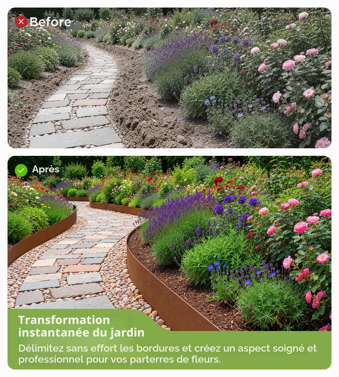 Bordure de pelouse en acier Corten 10 m - Bordure de parterre en métal de 15 cm de haut, épaisseur 0,6 mm - Bordure de parterre flexible avec aspect rouille - Avec une paire de gants et un connecteur