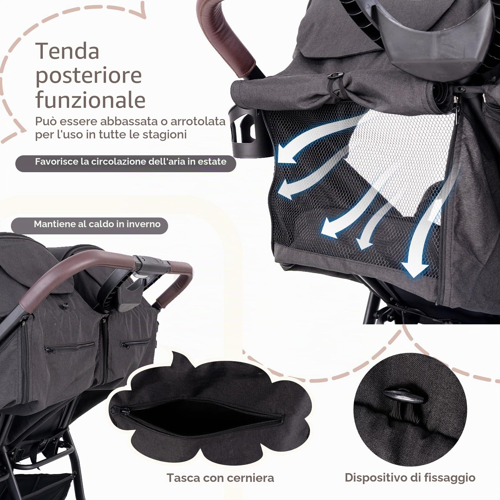 LIFEZEAL Passeggino gemellare, passeggino per gemelli pieghevole, passeggino doppio con schienale reclinabile in 3 posizioni, imbracatura a 5 punti, per bambini da 0 a 3 anni (grigio scuro)