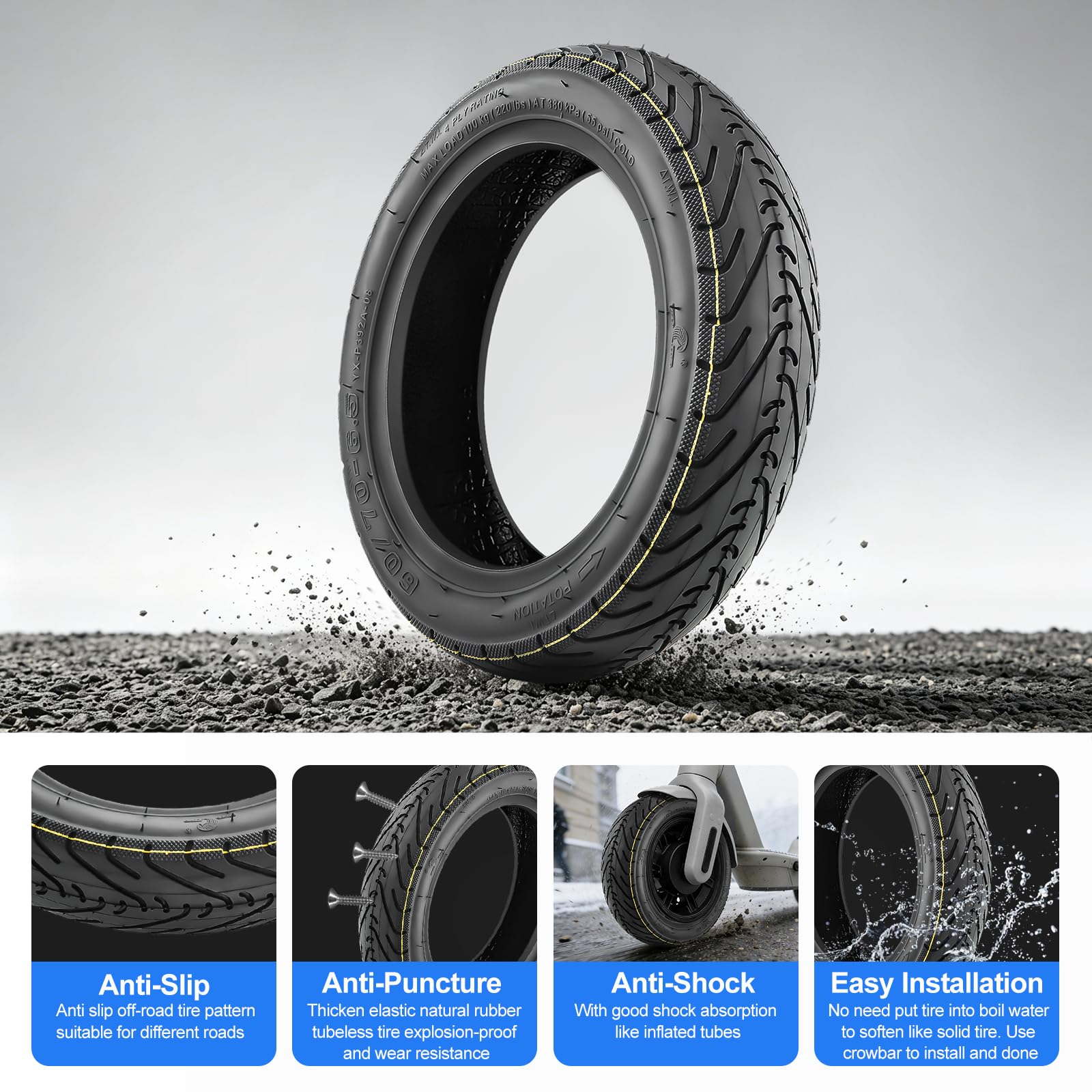 SYACHI 10 x 2,5 Pouces Pneu Tubeless+2 Buses Droites Accessoire Trottinette Électrique Pièces, 60/70-6.5 Caoutchouc plus épais et plus large Type Roues Anti-Explosion