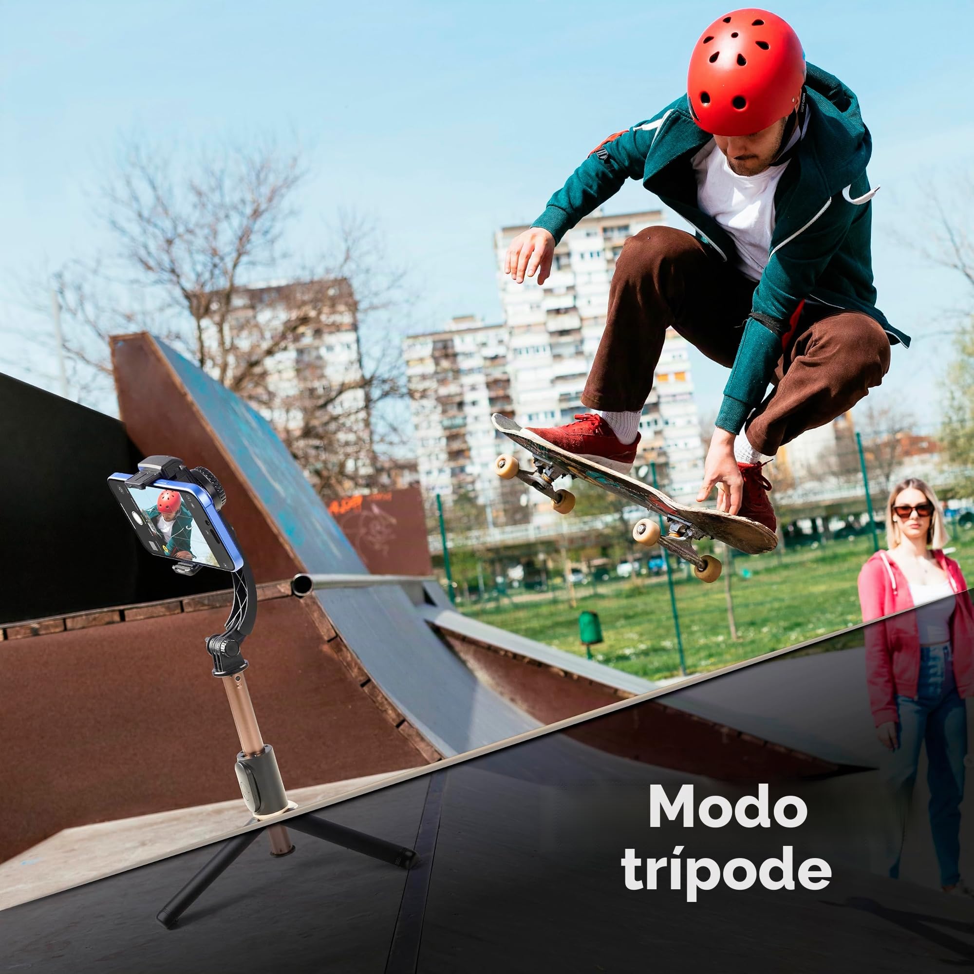 Cellularline FREEMOTION Gimbal 3 en 1 con estabilizador Inteligente Anti-vibración, Palo Selfie, trípode, Mando Bluetooth, Aluminio, grabación Vertical y Horizontal, Negro