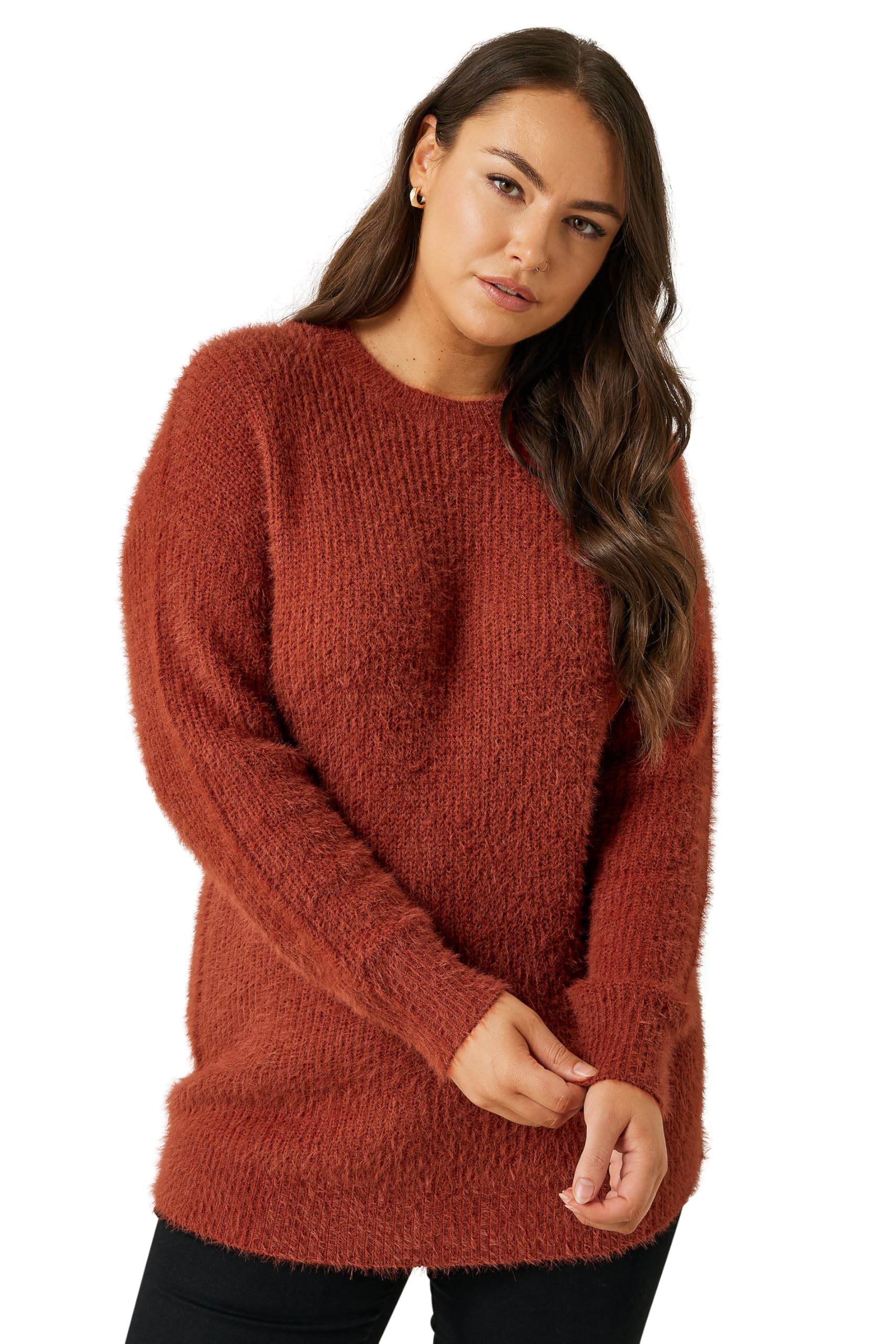 Evans Women's Burnt Orange Curve Rust Orange Fluffy Knitted Jumper - Plus Size Curve