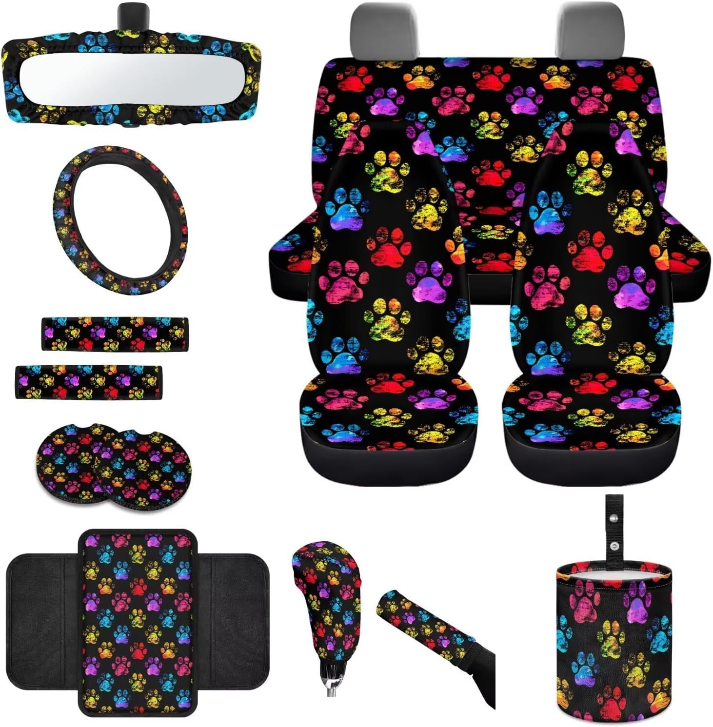 14 Pack Car Seat Covers Full Set Dog Paw Print Automotive Seat Covers with Steering Wheel Cover Center Console Pad Safety Belt Pads Gear Lever & Handbrake Covers for Dog Lovers