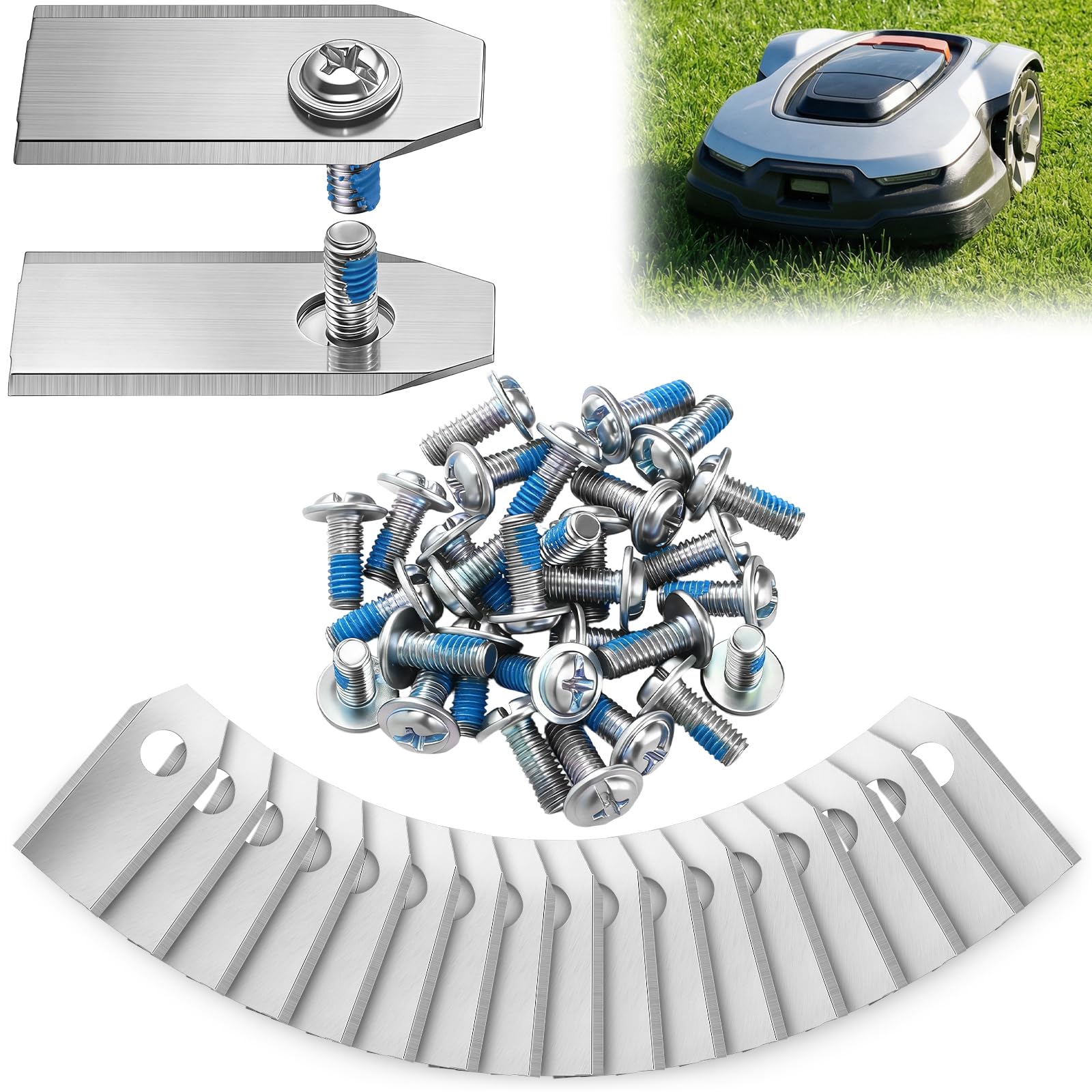 Hestya Lames de rechange 30 compatibles avec les tondeuses robotisées Ecovacs Goat séries G1, O et A, ouverture de 7,2 mm, lame de rechange en acier inoxydable, 30 vis et rondelles adhésives bleues
