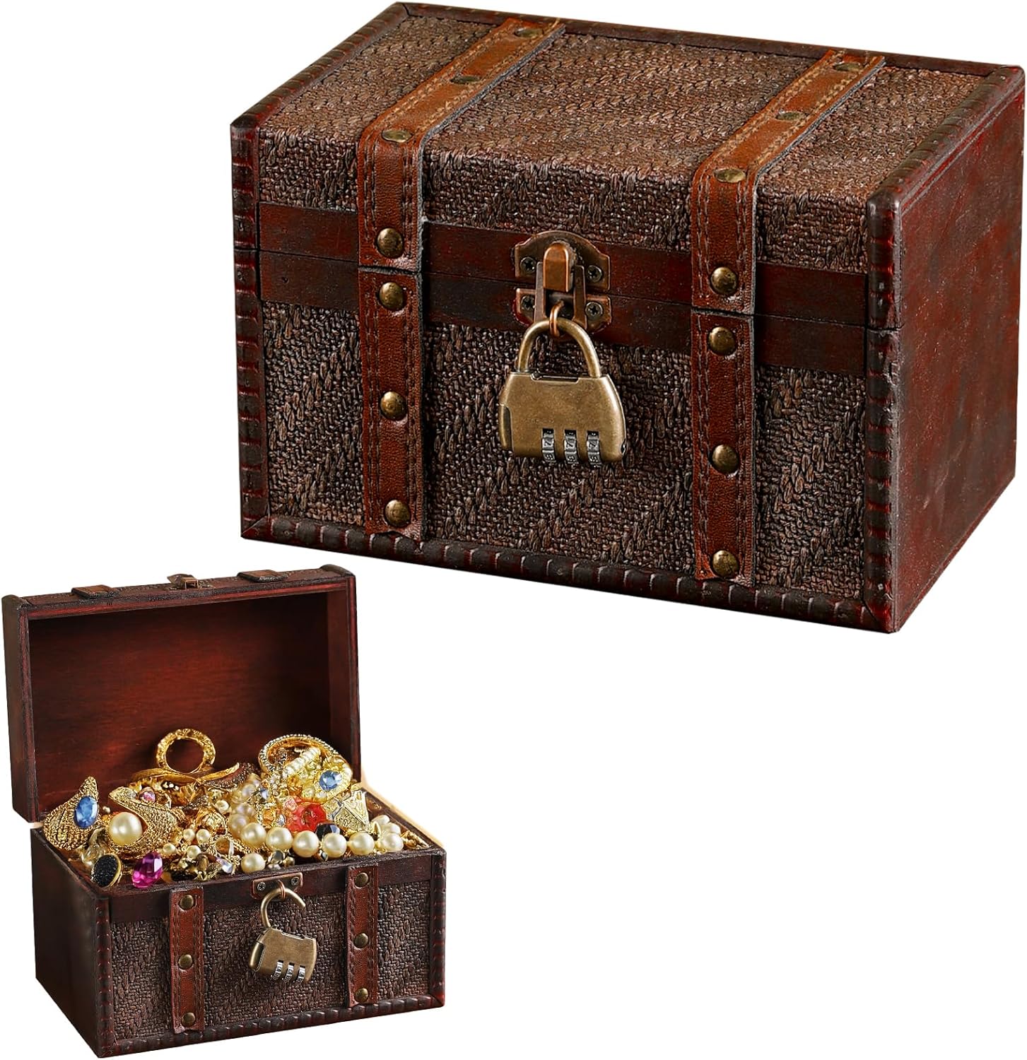 Vintage Wooden Treasure Chest with Combination Lock, 3 Digits, Retro Pirate Treasure Chest with Lock, Small Wooden Treasure Chest Box, Jewellery Box, Storage Box for Storage and Decorating, 19 x 12 x