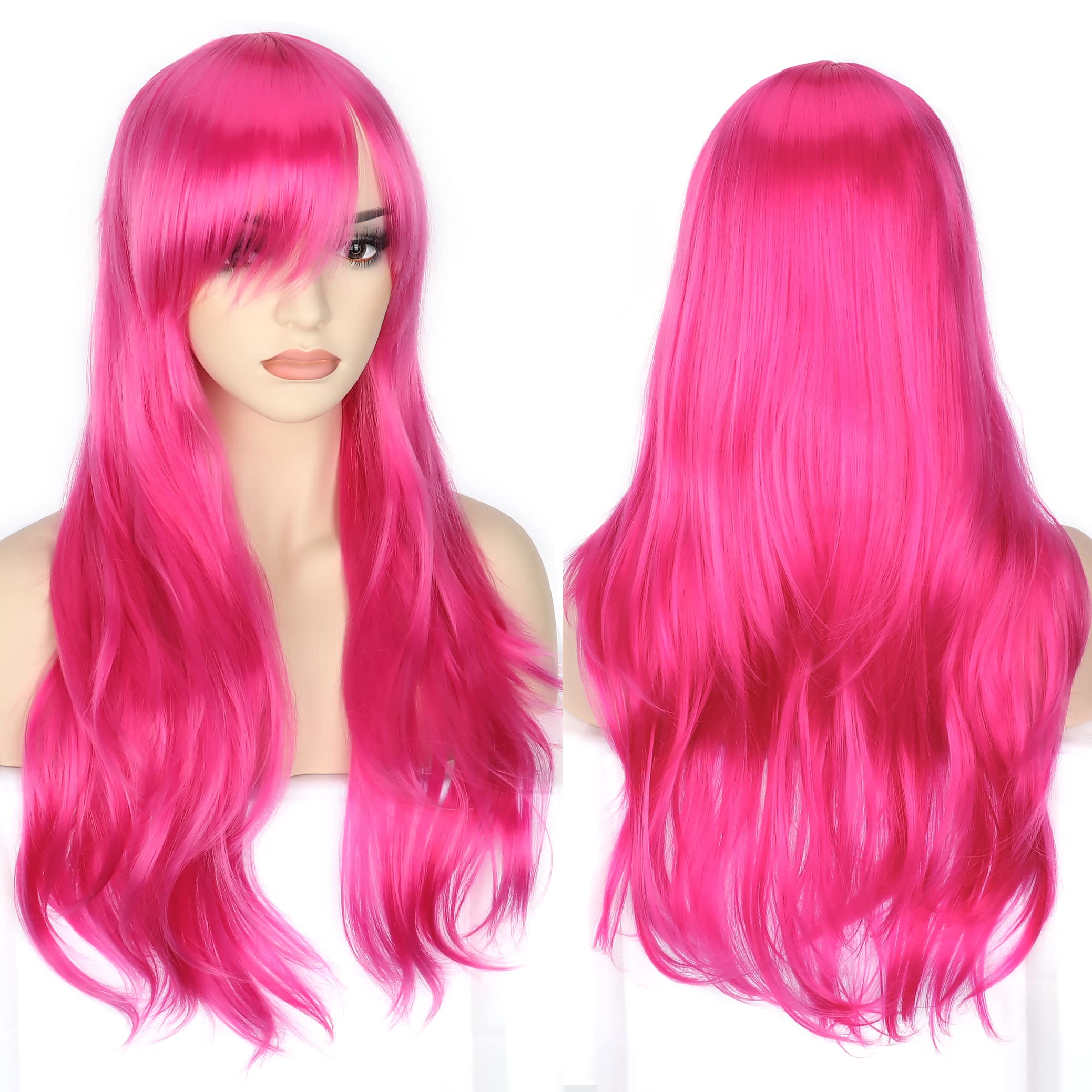 YEESHEDO Women's 28" 70 cm Cosplay Wig Long Wavy Curly Hair Ends with Bangs Wigs for Girls Heat Resistant Synthetic Wig for Party Costume Anime Halloween (Rose Pink)