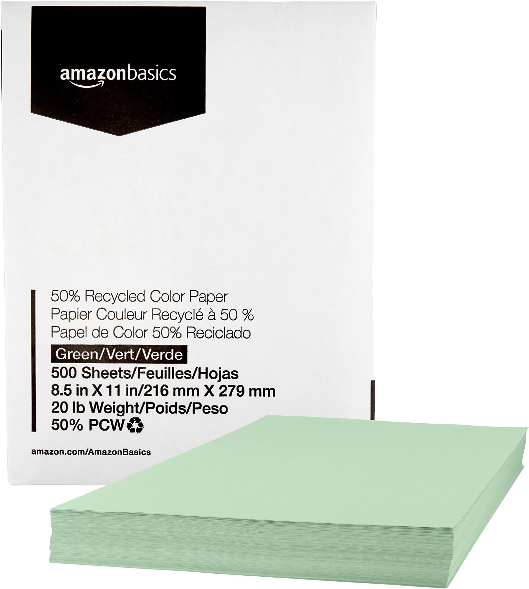 Amazon Basics 50% Recycled Color Printer Paper - Green, 8.5 x 11 Inches, 1 Ream (500 Sheets)