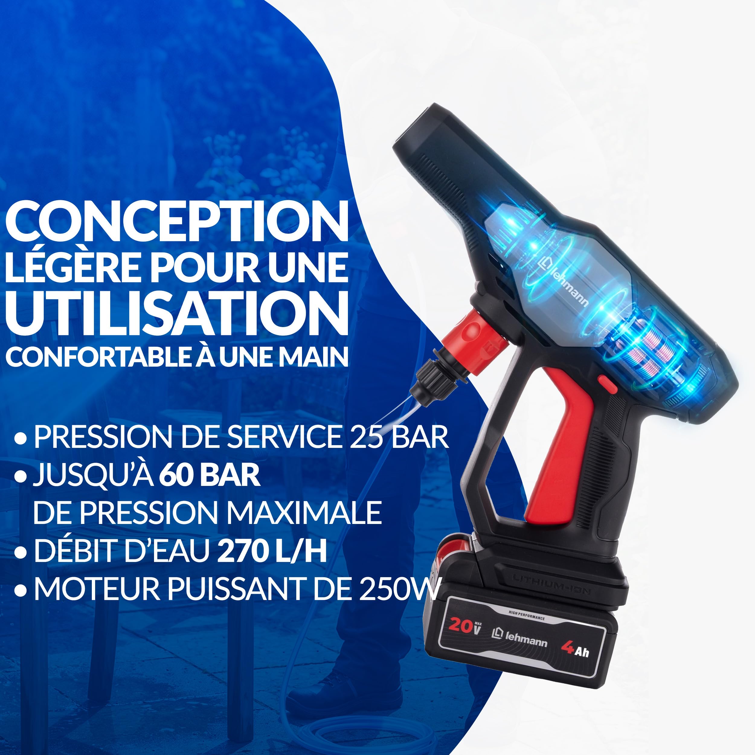 Lehmann Stream Nettoyeur Haute Pression sans Fil 20V Max avec Batterie 4Ah, Nettoyeur Haute Pression sur Batterie Portable, Buse 5-en-1, Tuyau 6 m et Canon à Mousse pour Voiture, Terrasse et Vélo