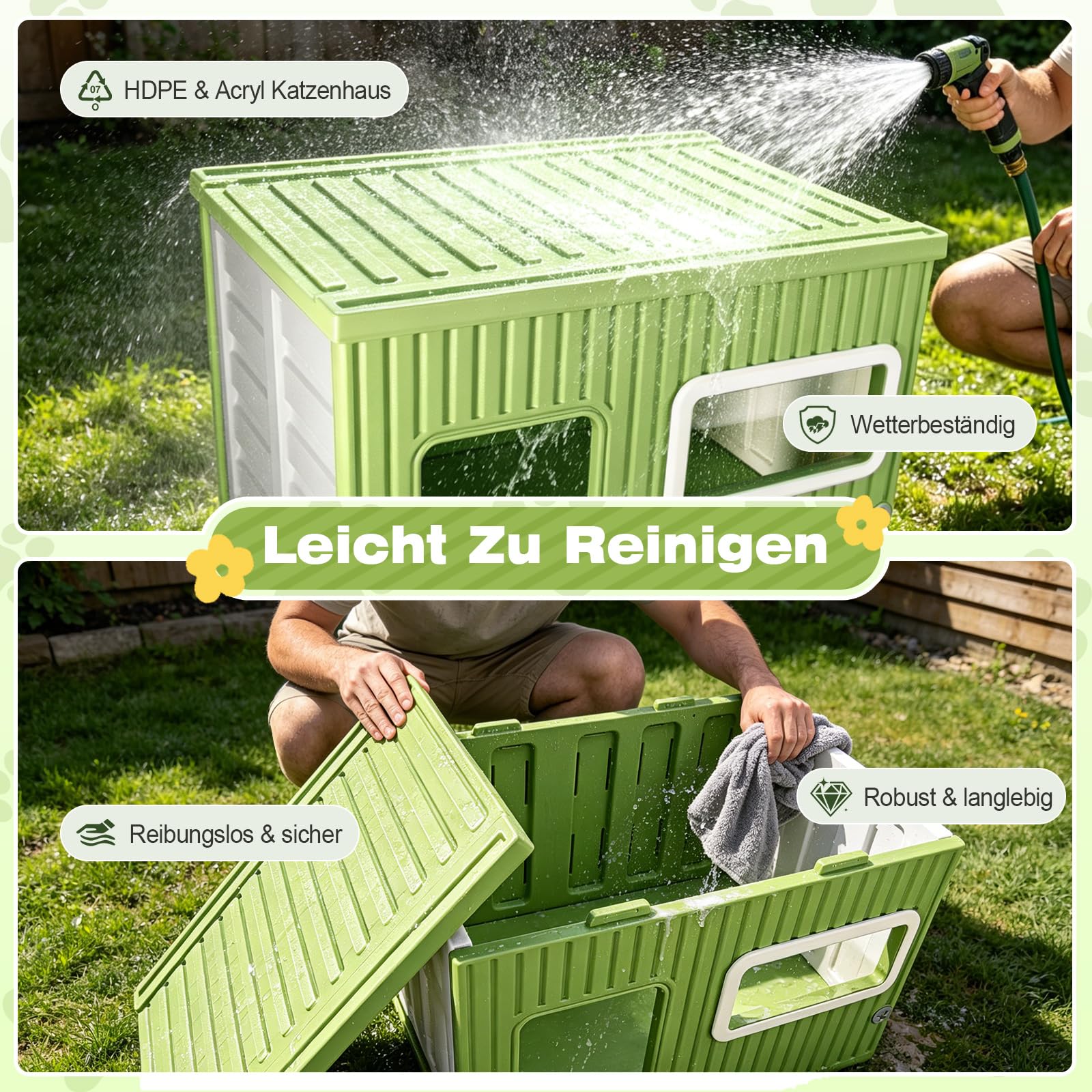 Katzenhaus Outdoor & Indoor Wetterfest – Stapelbare Katzenhöhle aus Kunststoff mit Acrylfenster, moderner Katzenunterstand für Balkon & Garten, für Katzen, kleine Hunde & Kleintiere (56×38,5×36,5 cm)