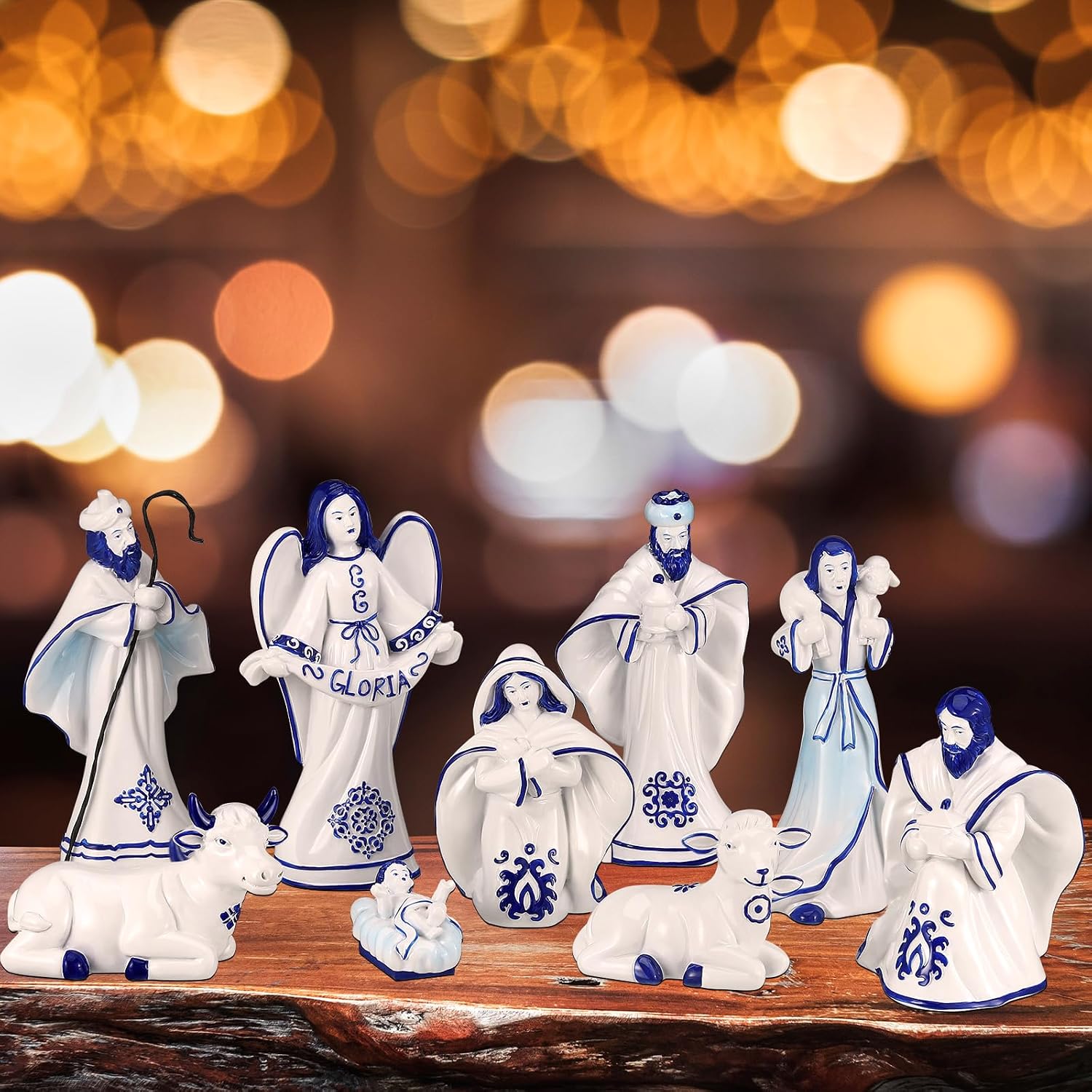Tioncy 9 Pcs Delft Blue Nativity Set Figurines Christmas Tabletop Decor