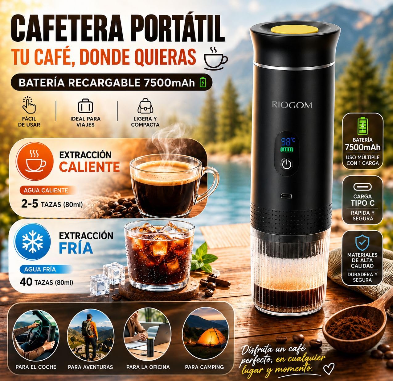 ️ Cafetera Portátil de Capsulas 3 en 1 Outin 12v Usb-C + Estuche rígido, Compacta, Ligera Y Recargable, Ideal para Tomar Cafe Caliente en Camping, Coche, camion Oficina etc. (Negro)