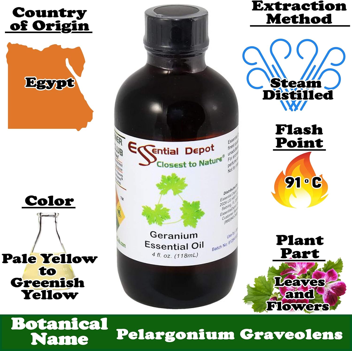Essential Depot Geranium Essential Oil - GC/MS Tested - Supplied in 4 oz. Amber Glass Bottle with Black Phenolic Cone Lined and Safety Sealed Cap