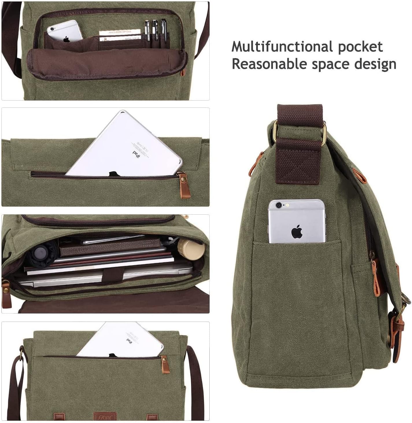 S-ZONE Heren Messenger Tas Crossbody Schouder 35,6-43,9 cm Laptop Vintage Canvas Aktetas Satchel voor Werk School Reizen Dagelijks Gebruik Meerdere Zakken, Grijs, M, Modern design