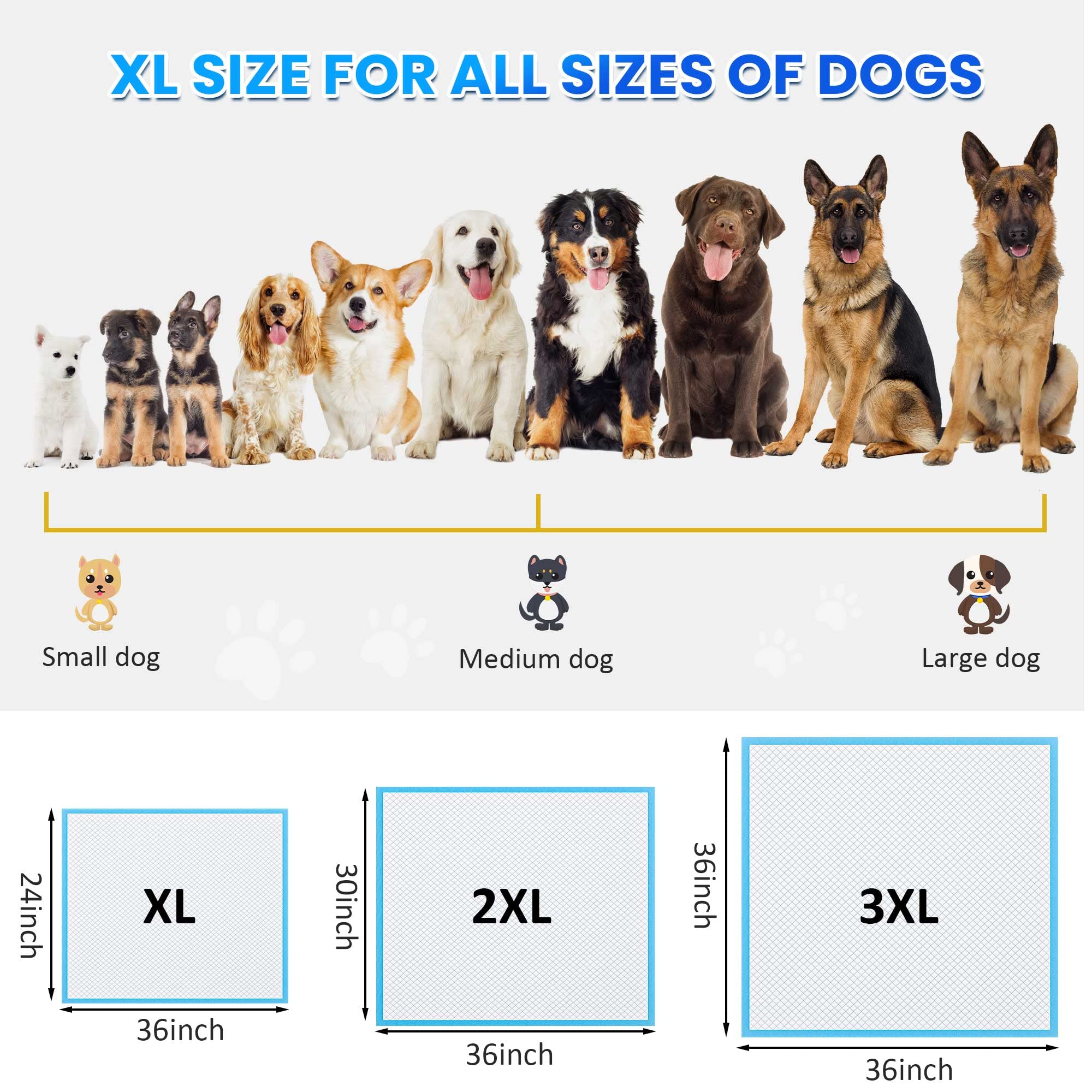 Boscute Almohadillas gruesas de 6 capas pesadas absorbentes XL de 36 x 24 pulgadas para entrenamiento de mascotas, almohadillas de polímero extra grandes a prueba de fugas de secado rápido para