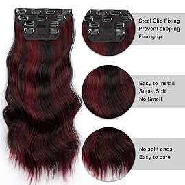 Vigorous Clip in Hair Extensions 4Pcs Black Burgundy mixed Synthetic Hair Extension 20 Inches Full Head Thick Long Wavy Synthetic Hairpieces for Women