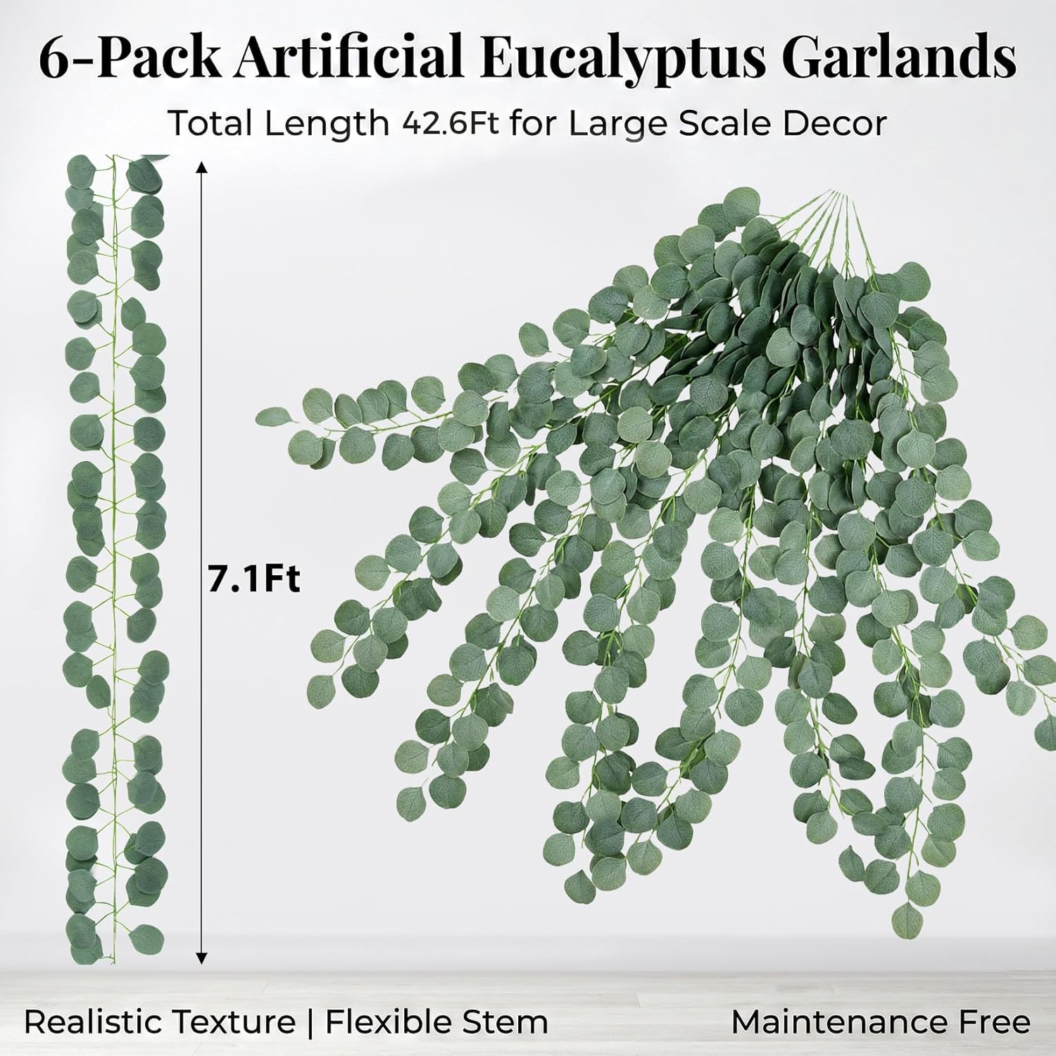 6 Pack 7.1FT Faux Eucalyptus Greenery Garland Hanging Vines for Bedroom Wall Decor Wedding Party Table Decoration Silk Artificial Leaves Plants Backdrop Indoor Outdoor - Image 2