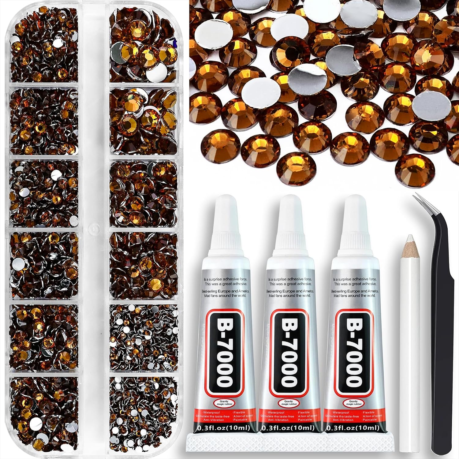 B7000 Clear Glue with 4000PCS Silver Clear Rhinestones for Crafts Clothing Fabric Shoes, Glue Fix Flatback Gems for Nails Face Jewelry, Mixed 5 Sizes 2mm 3mm 4mm 5mm 6mm Gemstones Bejeweled Kit