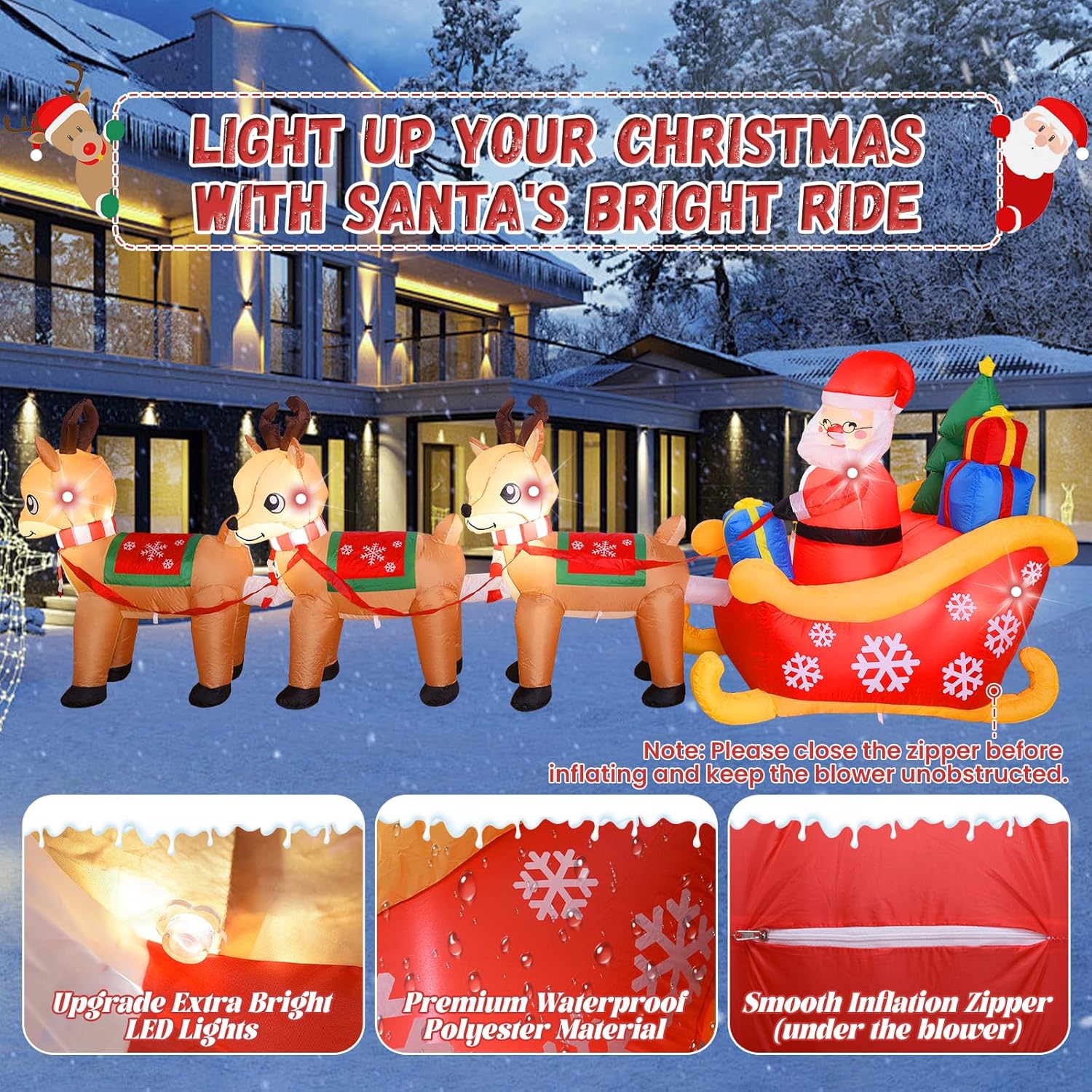 12FT Christmas Inflatable Santa Sleigh and Reindeer Outdoor Decoration - Built-in LEDs Santa Claus Deer Sled Christmas Blow Up Yard Decorations for Outside Garden Lawn Xmas Party