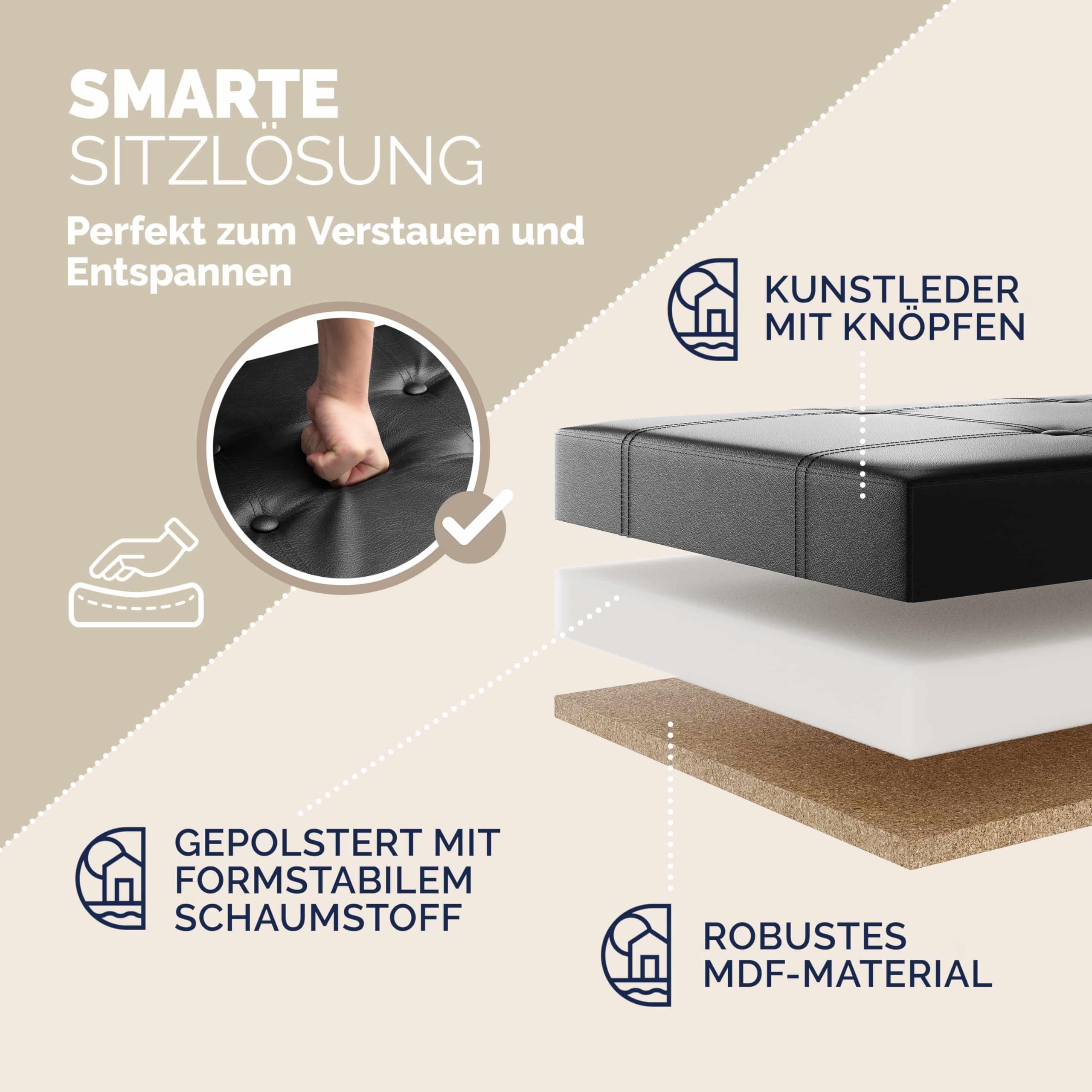 Casaria® Sitzbank mit Stauraum, Schwarz - Faltbar, 115 x 40 x 40 cm, 130L Volumen, bis 300 kg belastbar, gepolstert, Leinen-Optik - Aufbewahrungsbox mit Deckel, Sitztruhe mit Stauraum, Polsterbank