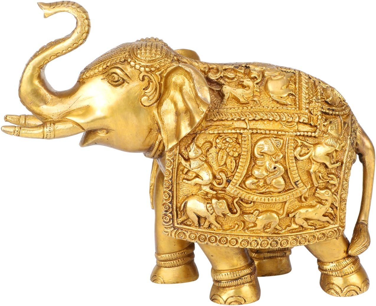 Kartique Hand Curved Brass Elephant Royal Statue with Engraved Lord Ganesha Bhagwan Murti and Animals for Home Decoration Height 9 Inch Long 7 Inch