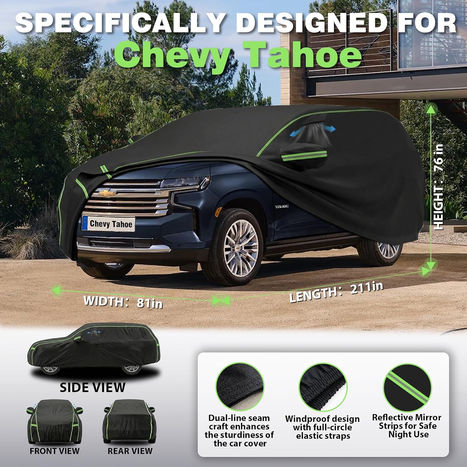 Heavy Duty Waterproof Car Cover Custom Fit for Chevrolet Tahoe 2007-2026 – Outdoor Full Vehicle Cover, Breathable Air Vents, Driver Zipper Door, Cotton Lined – Bonus Windshield Sunshade