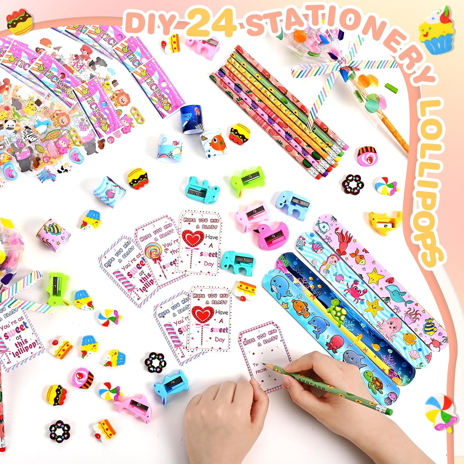 Waipfaru Giant Lollipop Goodie Bags for Birthday Party, 24 Pack Return Gifts with Pencils, Stickers, Erasers Stationery Set for Classroom Rewards Students Prizes School Exchange Party Supplies