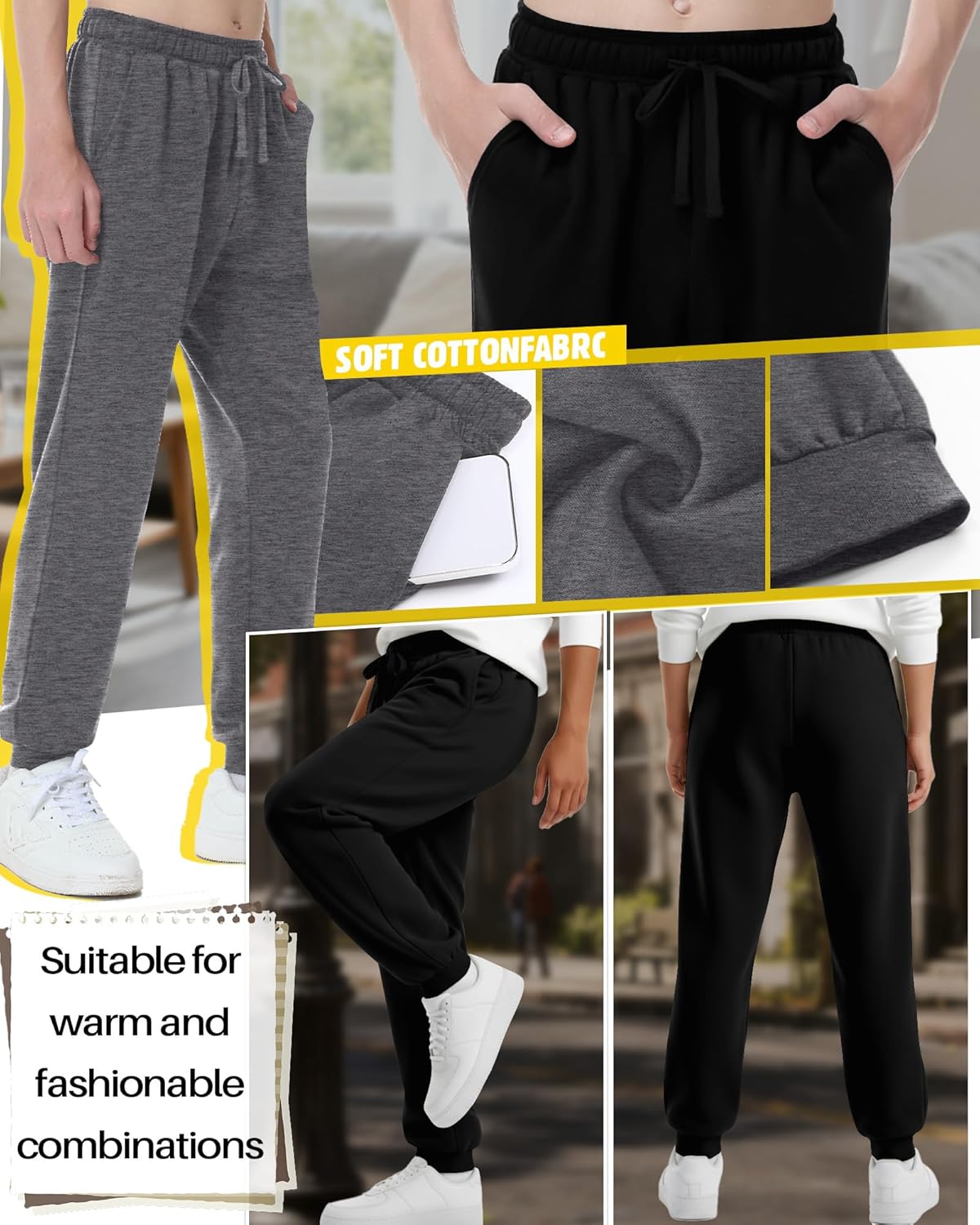 3 Pack Boys Sweatpants Athletic Joggers Drawstring Lightweight Stretchy Active Straight Pants with Pockets Fall