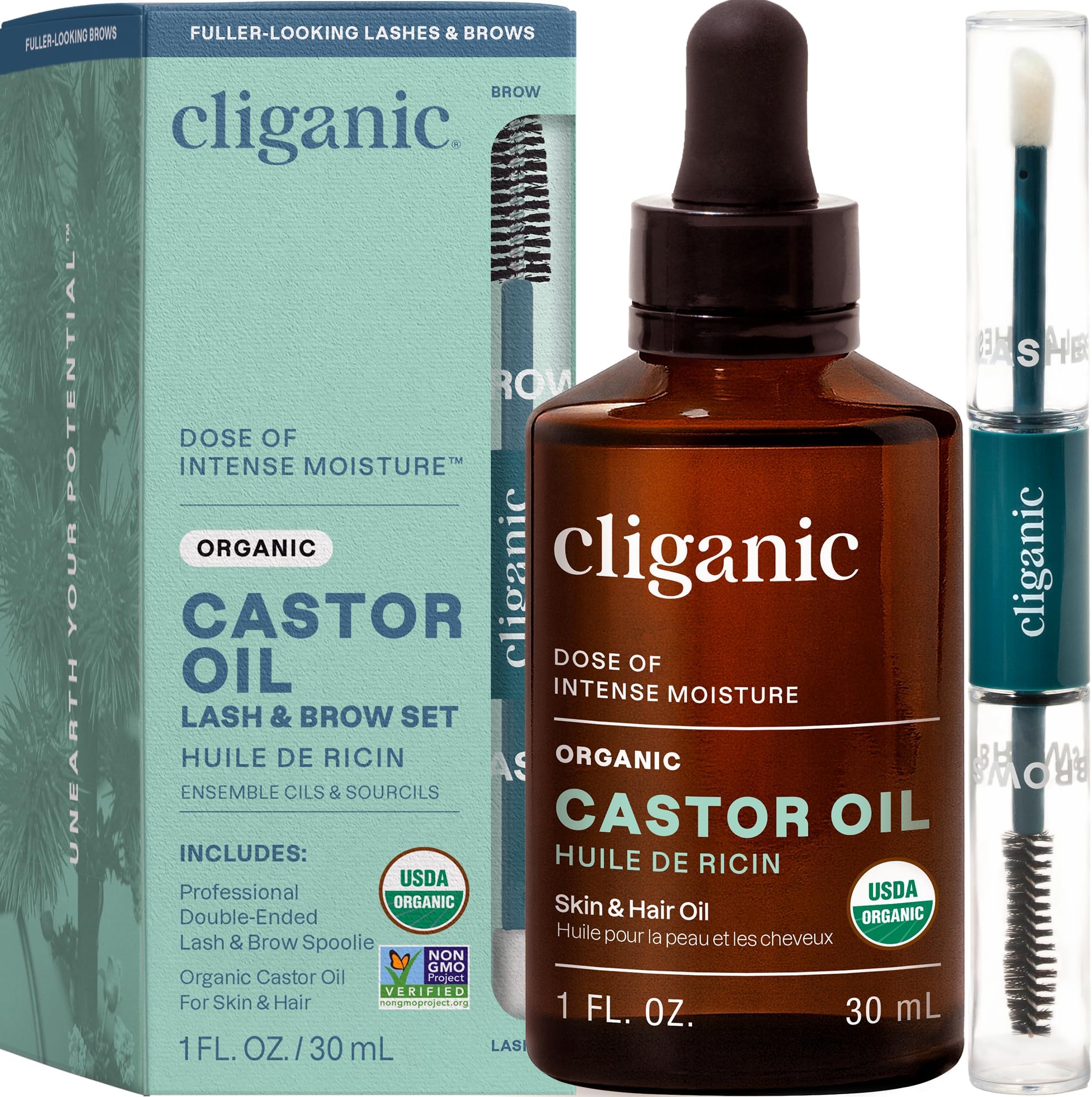 Cliganic Organic Castor Oil, 100% Pure (1oz Glass Bottle with Eyelash Kit) - For Eyelashes, Eyebrows, Hair & Skin