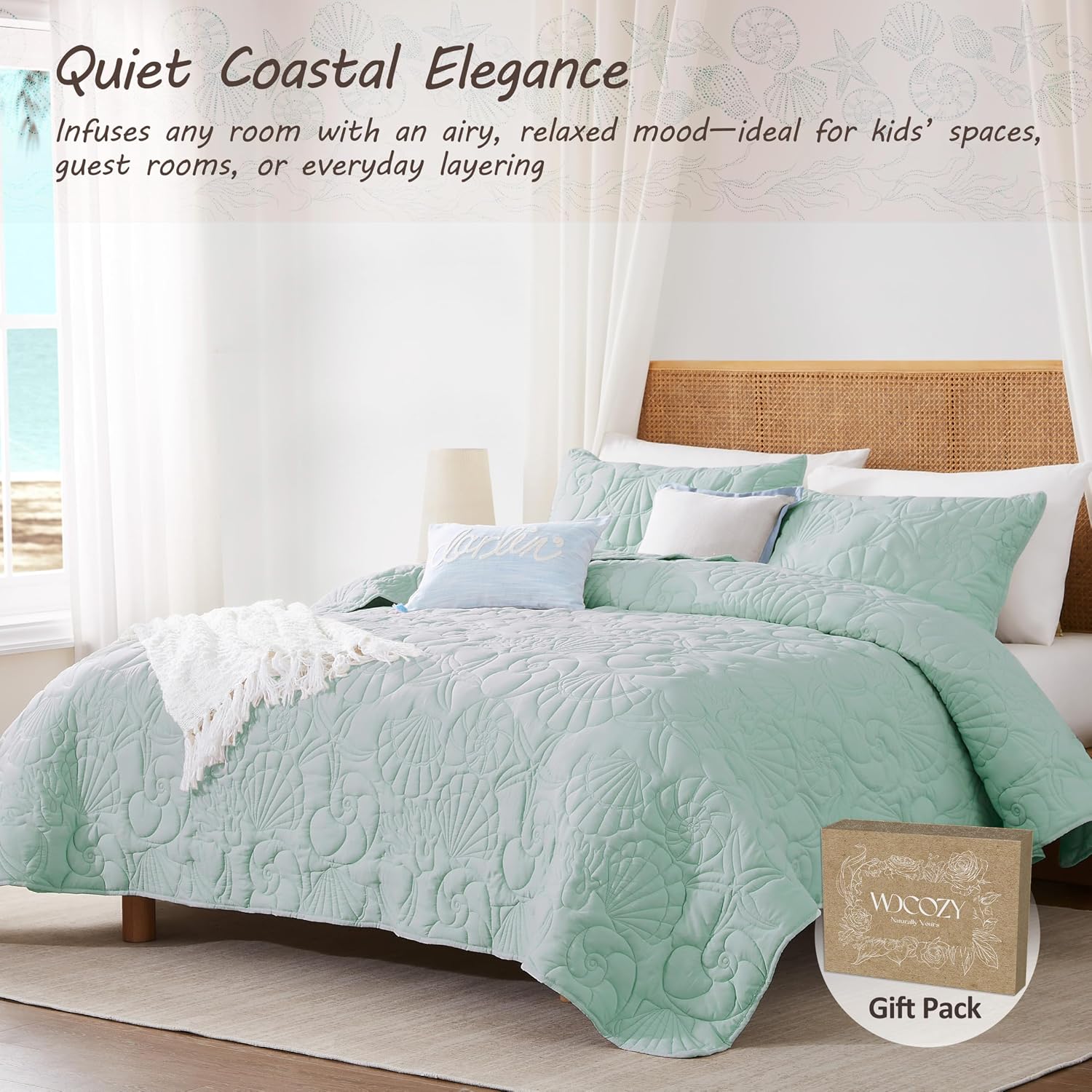 WDCOZY Coastal Beach Queen Size Quilt Bedding Sets, Seafoam Green Nautical Tropical Ocean Bedspread, Scallop Seashell Soft Coverlet, Lightweight Summer Thin Comforter for All Season
