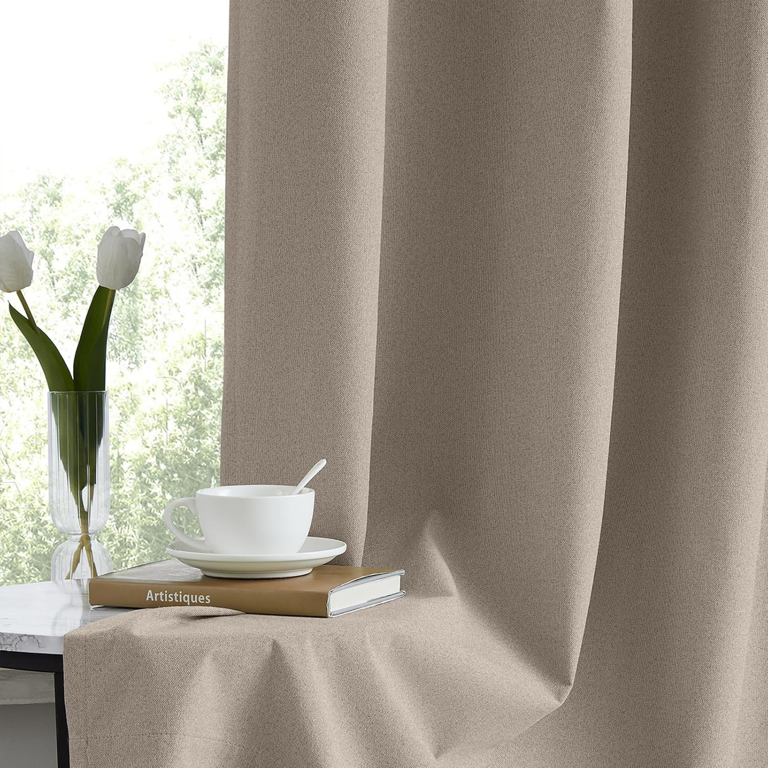 Melodieux 100% Blackout Linen Textrued Curtains for Living Room, Full Light Blocking Thermal Insulated Grommet Curtain Drapes with Black Back for Bedroom, 52 x 54 Inch, Tan (2 Panels)