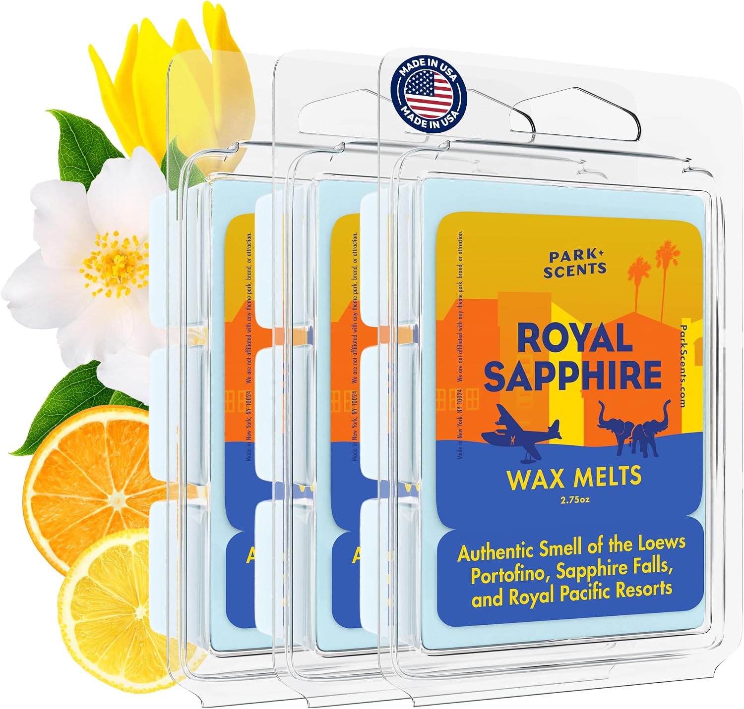 Park Scents Royal Sapphire – Theme Park Resort Luxury Hotel Candle Wax Melts – Jasmine Citrus Amber YlangYlang Wax Cubes – Vegan Soy Blend – Birthday Gifts for Women, Sister, Friend, Hostess (3 Pack)