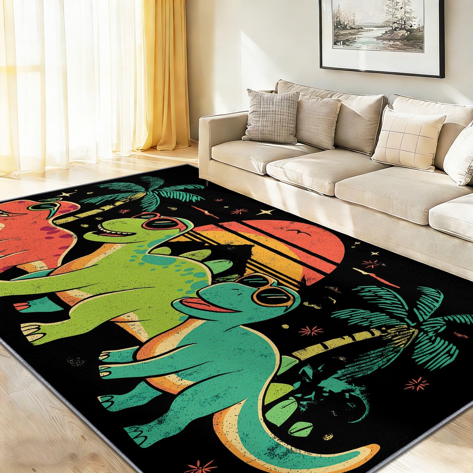Dywan do salonu, 160 x 230 cm, tropikalny dinozaur i dżungla, dla nastolatków, chłopców i dziewczynek, antypoślizgowy, flanelowy dywan z krótkim włosiem, bardzo miękki, łatwy w pielęgnacji, czarny
